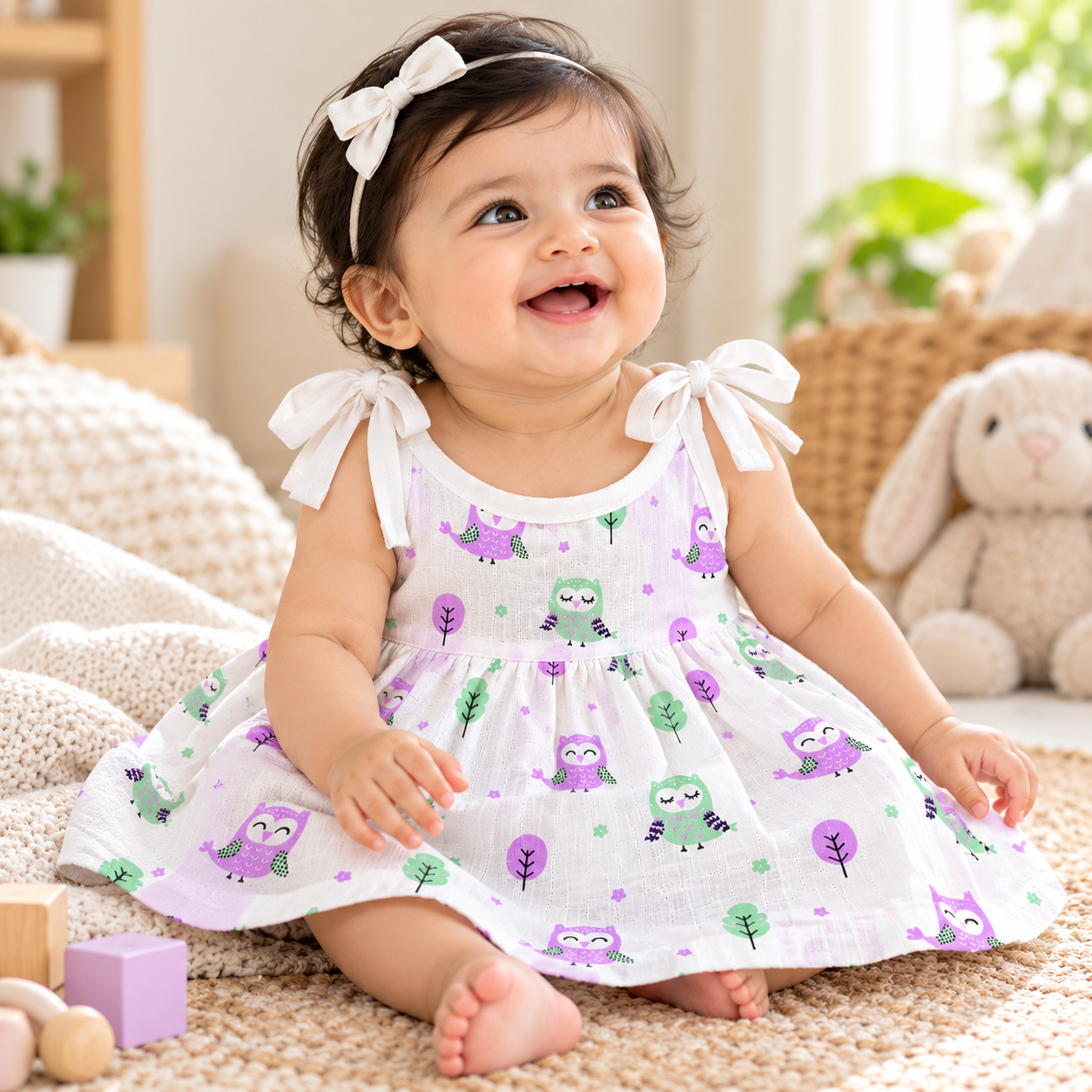 Adore Little Blossom- Pure Muslin Cotton Baby Tie-Knot Frock- Pack of 3-Owl -0-3 Months