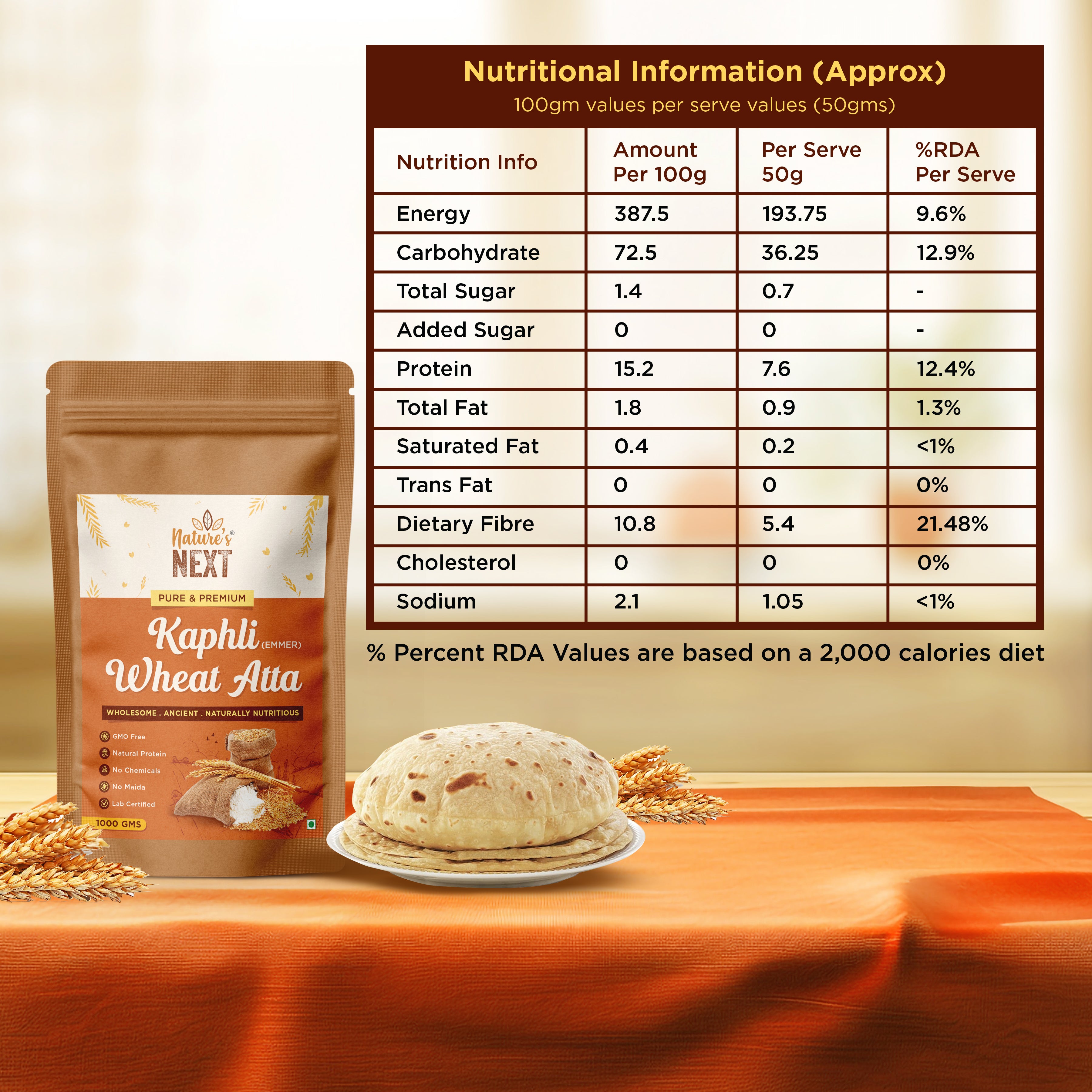 Nature's Next Pure & Premium Kaphli (Emmer) Wheat Atta- 1000gms