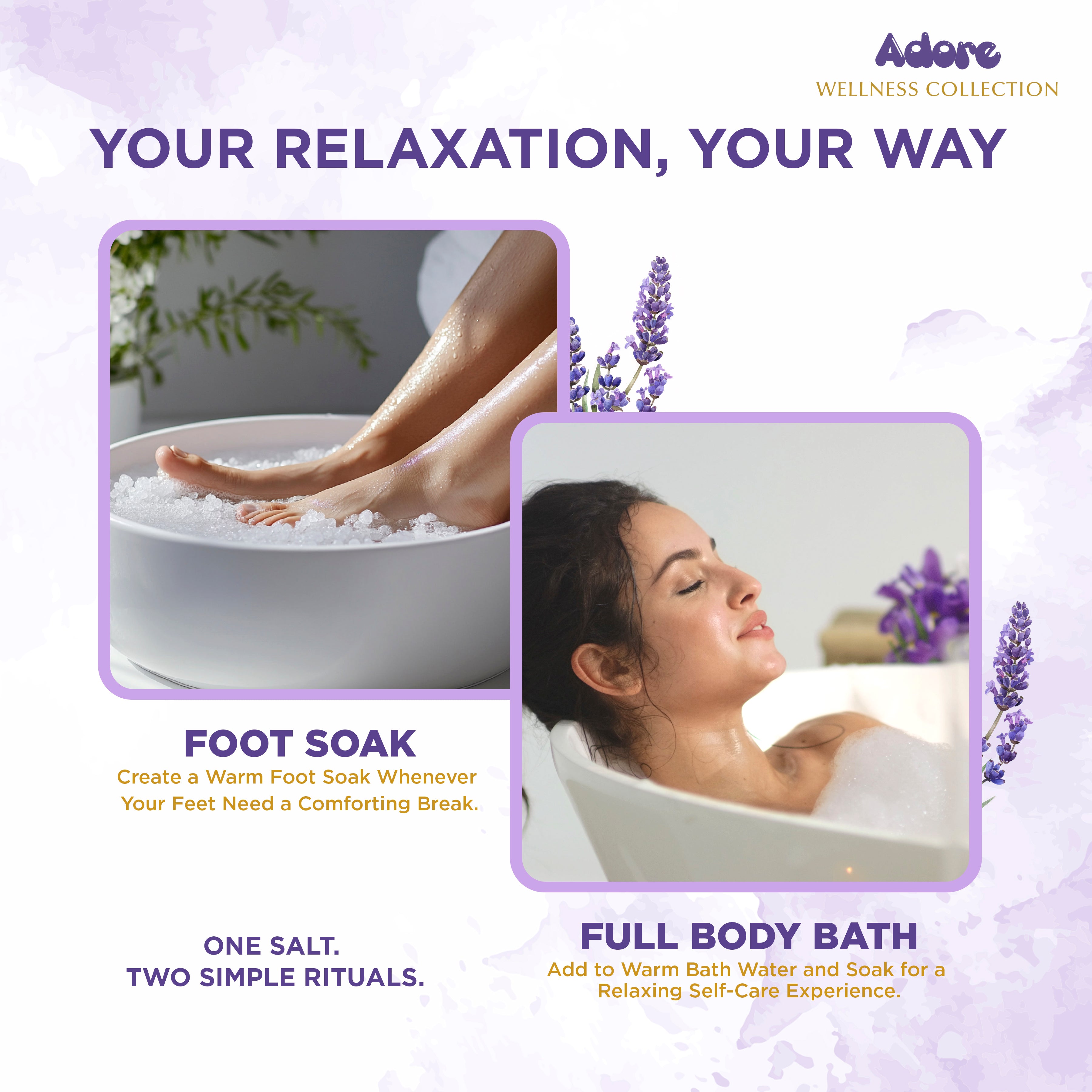 Adore Wellness Magnesium Epsom Bath Salt with Lavender Fragrance, Scoop & Real Lavender Buds 500g