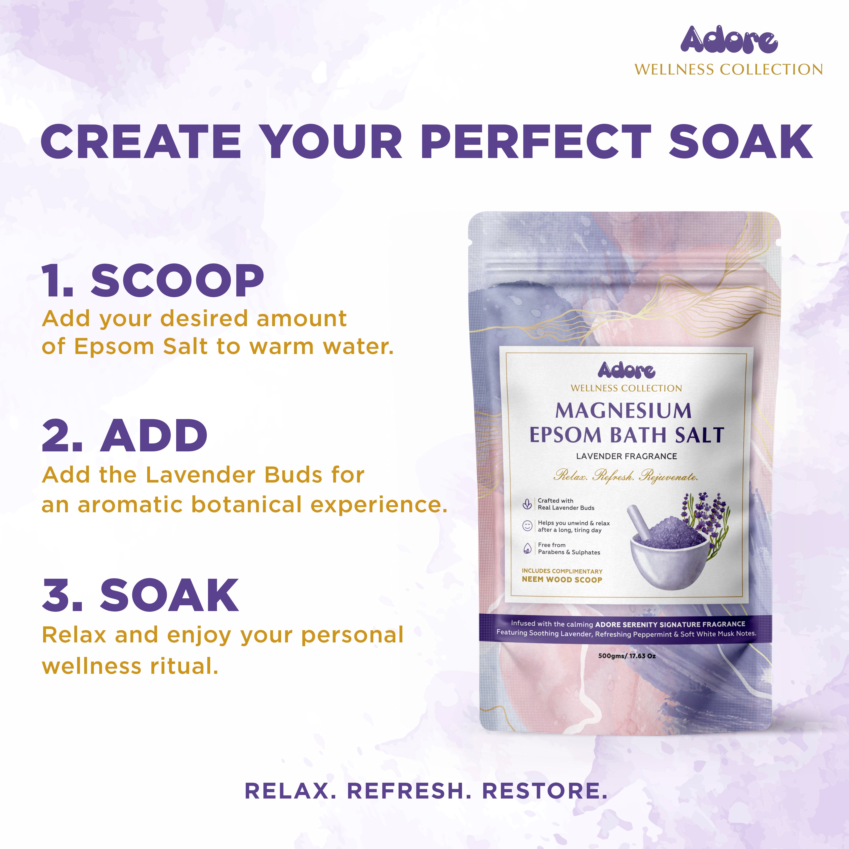 Adore Wellness Magnesium Epsom Bath Salt with Lavender Fragrance, Scoop & Real Lavender Buds 500g