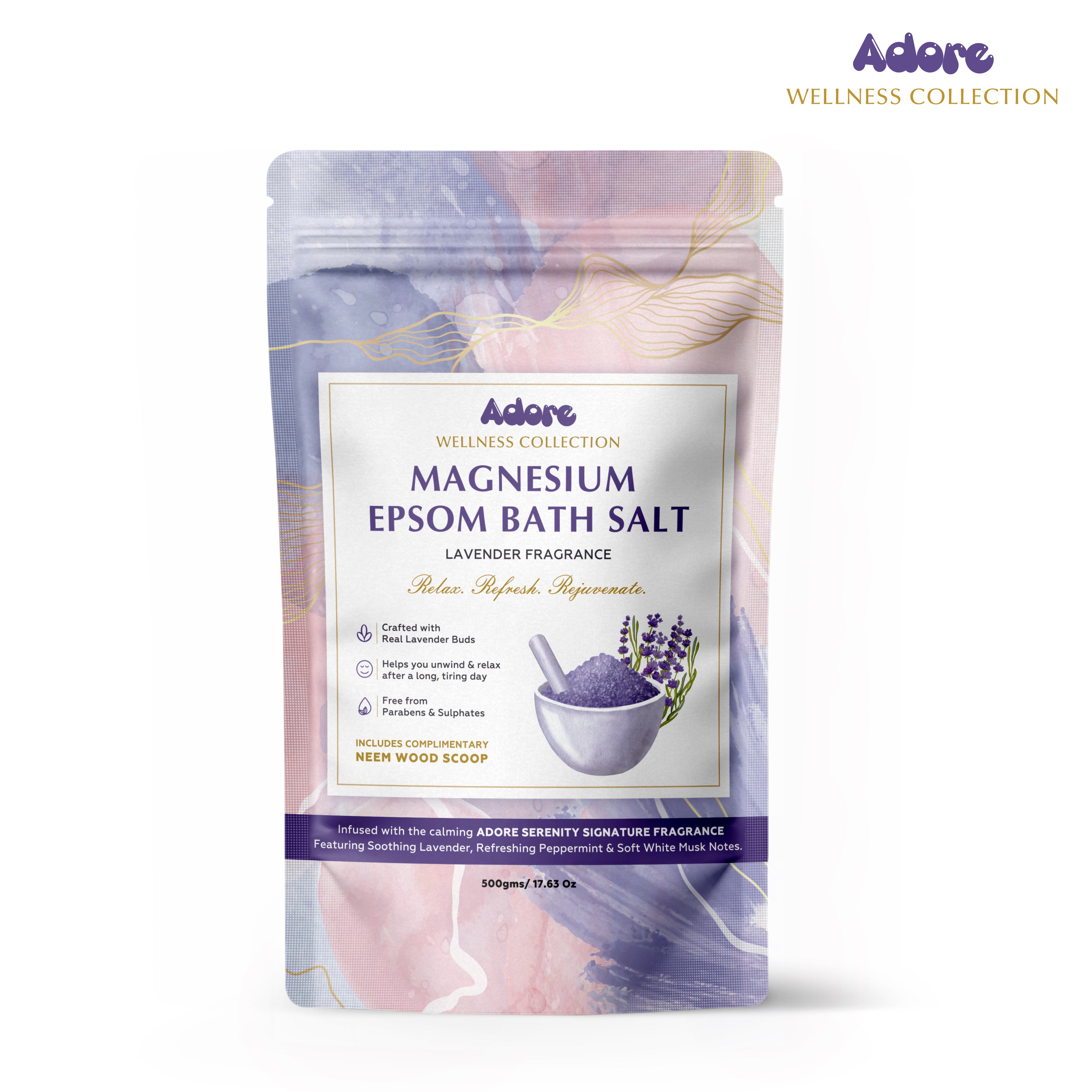 Adore Wellness Magnesium Epsom Bath Salt with Lavender Fragrance, Scoop & Real Lavender Buds 500g