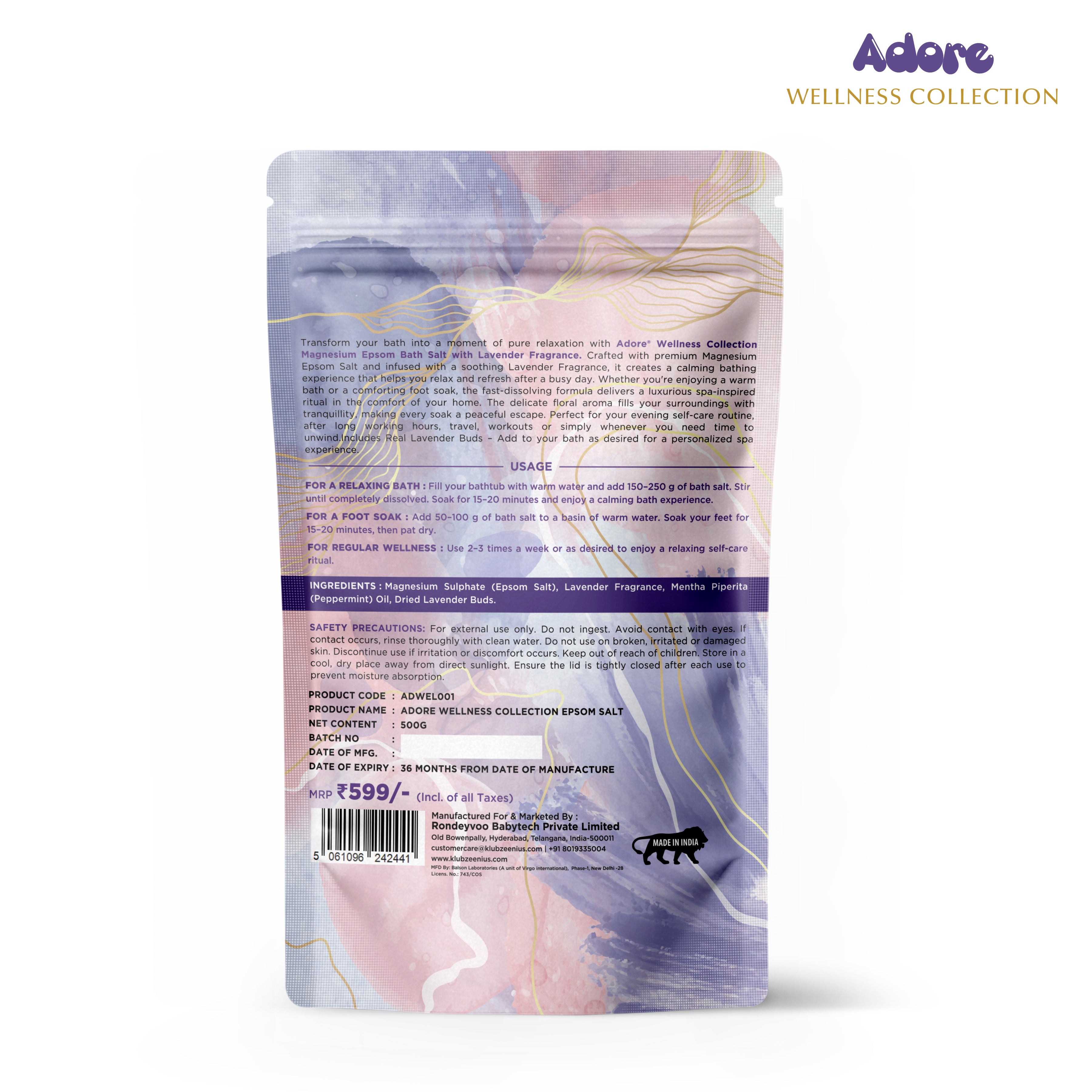 Adore Wellness Magnesium Epsom Bath Salt with Lavender Fragrance, Scoop & Real Lavender Buds 500g