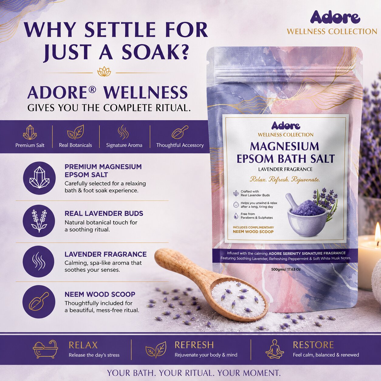 Adore Wellness Magnesium Epsom Bath Salt with Lavender Fragrance, Scoop & Real Lavender Buds 500g