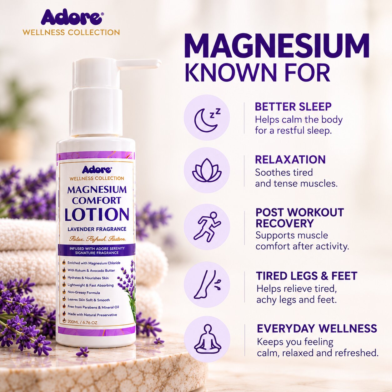 Adore Wellness Collection Magnesium Comfort Lotion With Lavender & Botanical Extracts-15% Magnesium Lotion | Muscle Relaxation, Cramps Relief & Better Sleep | Dermatologically Tested | 200ml - Pack of 2