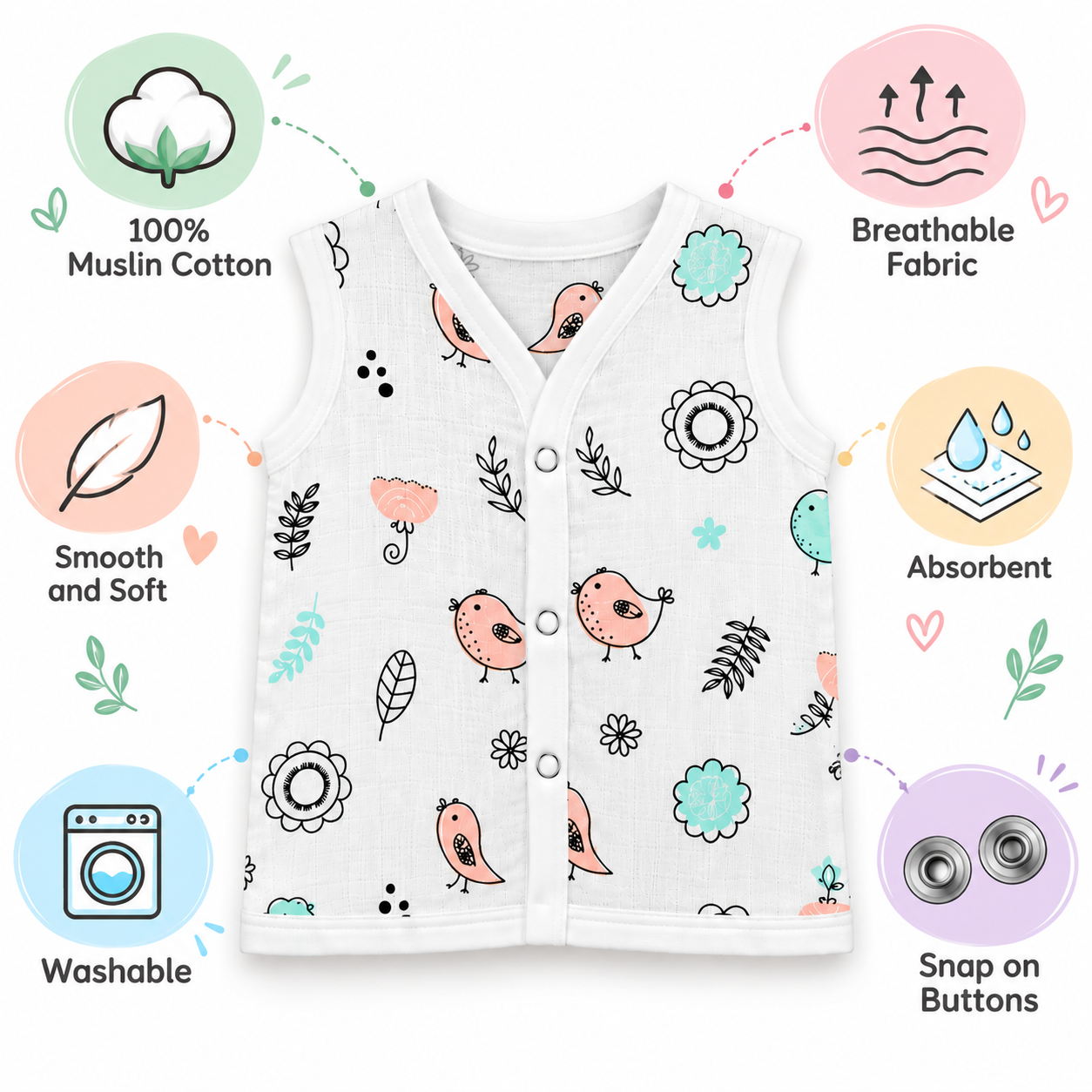 Adore Tiny Comfort 100% Pure Muslin Cotton Baby Jabla with Snap Buttons, Pack of 3, 9–12 Months-Bird