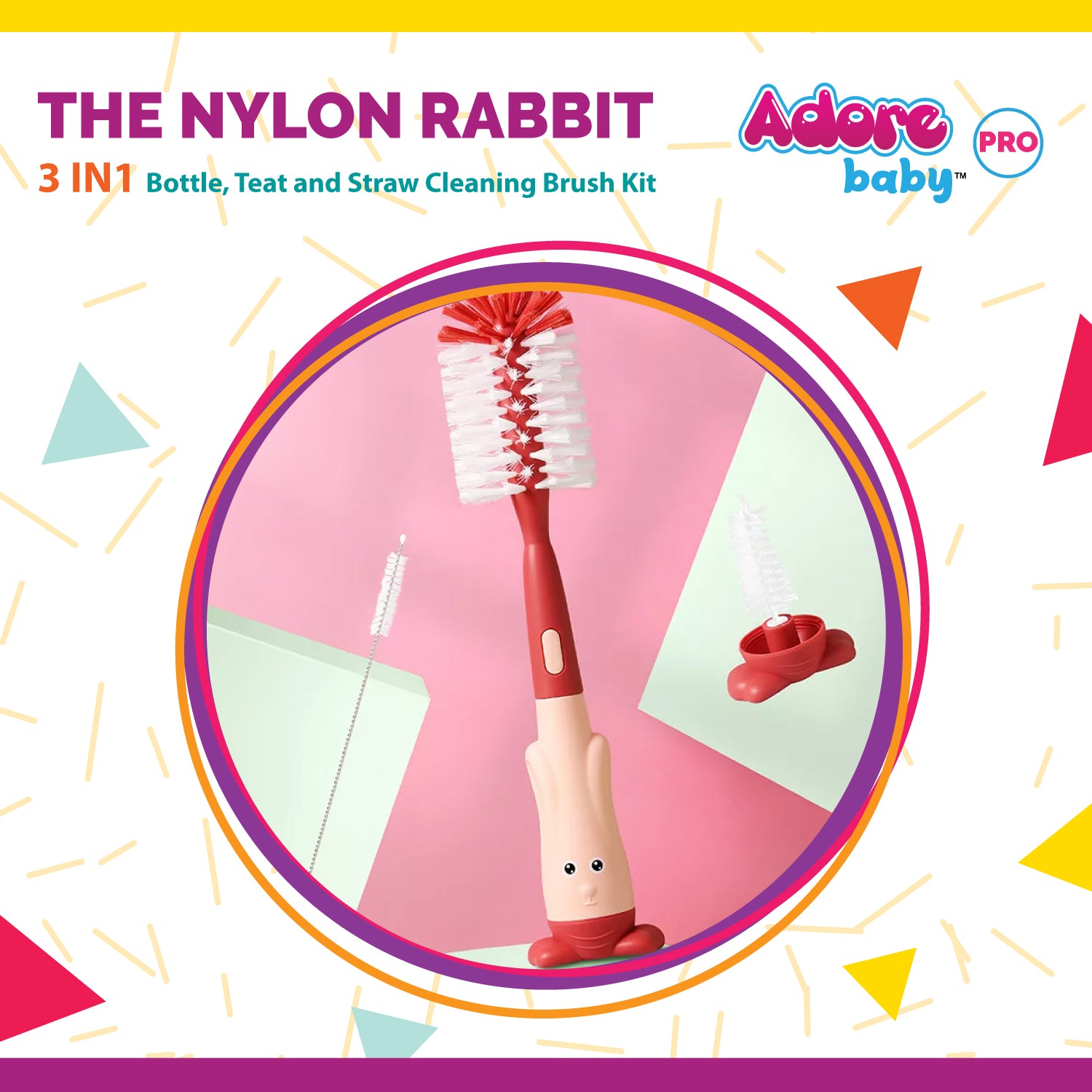 Adore The Nylon Rabbit Bottle Cleaning Brush Kit -Pink