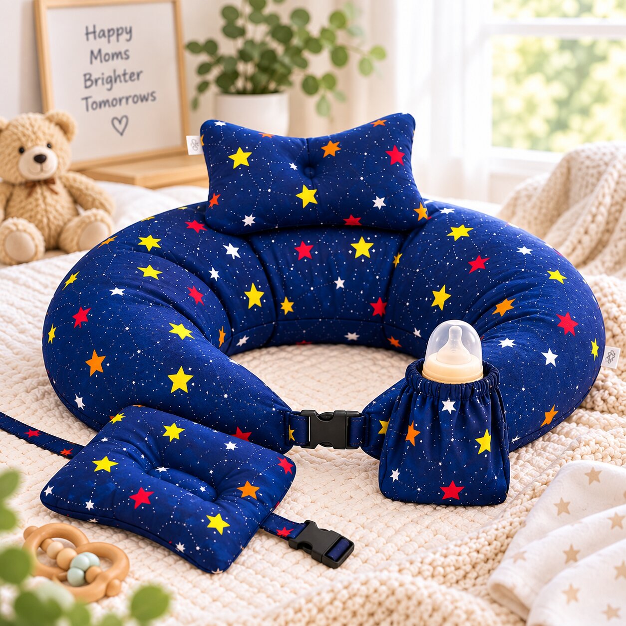Adore Feedero! Baby Multipurpose Feeding Pillow with Fence Protection and Adjustable Belt-Navy Blue