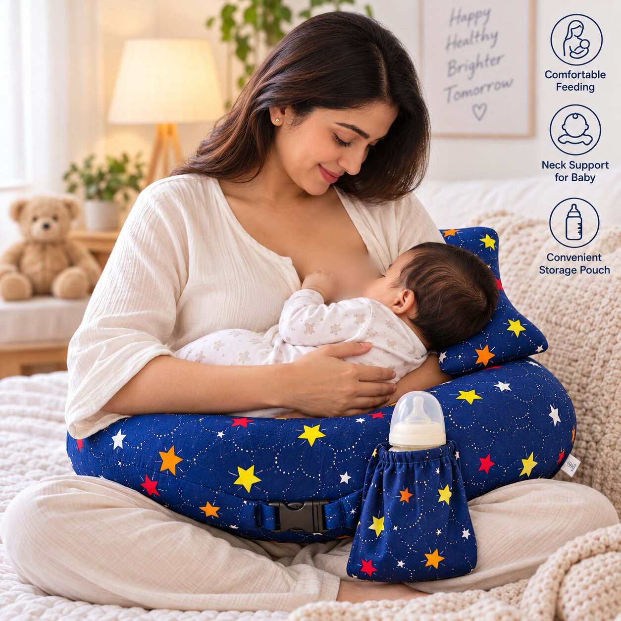 Adore Feedero! Baby Multipurpose Feeding Pillow with Fence Protection and Adjustable Belt-Navy Blue