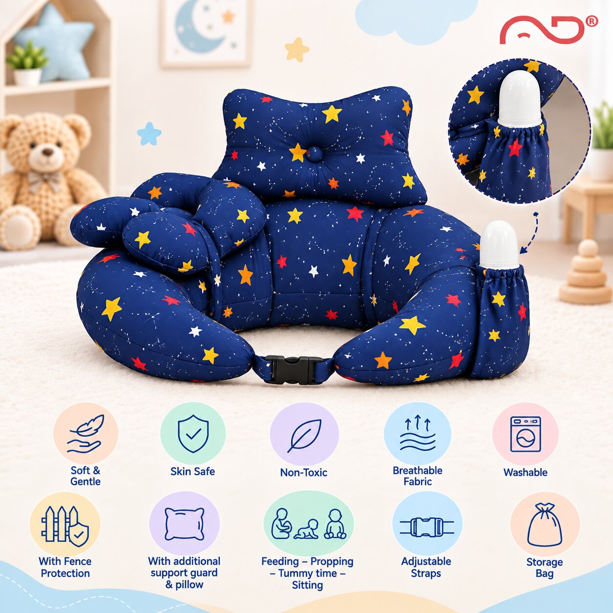 Adore Feedero! Baby Multipurpose Feeding Pillow with Fence Protection and Adjustable Belt-Navy Blue