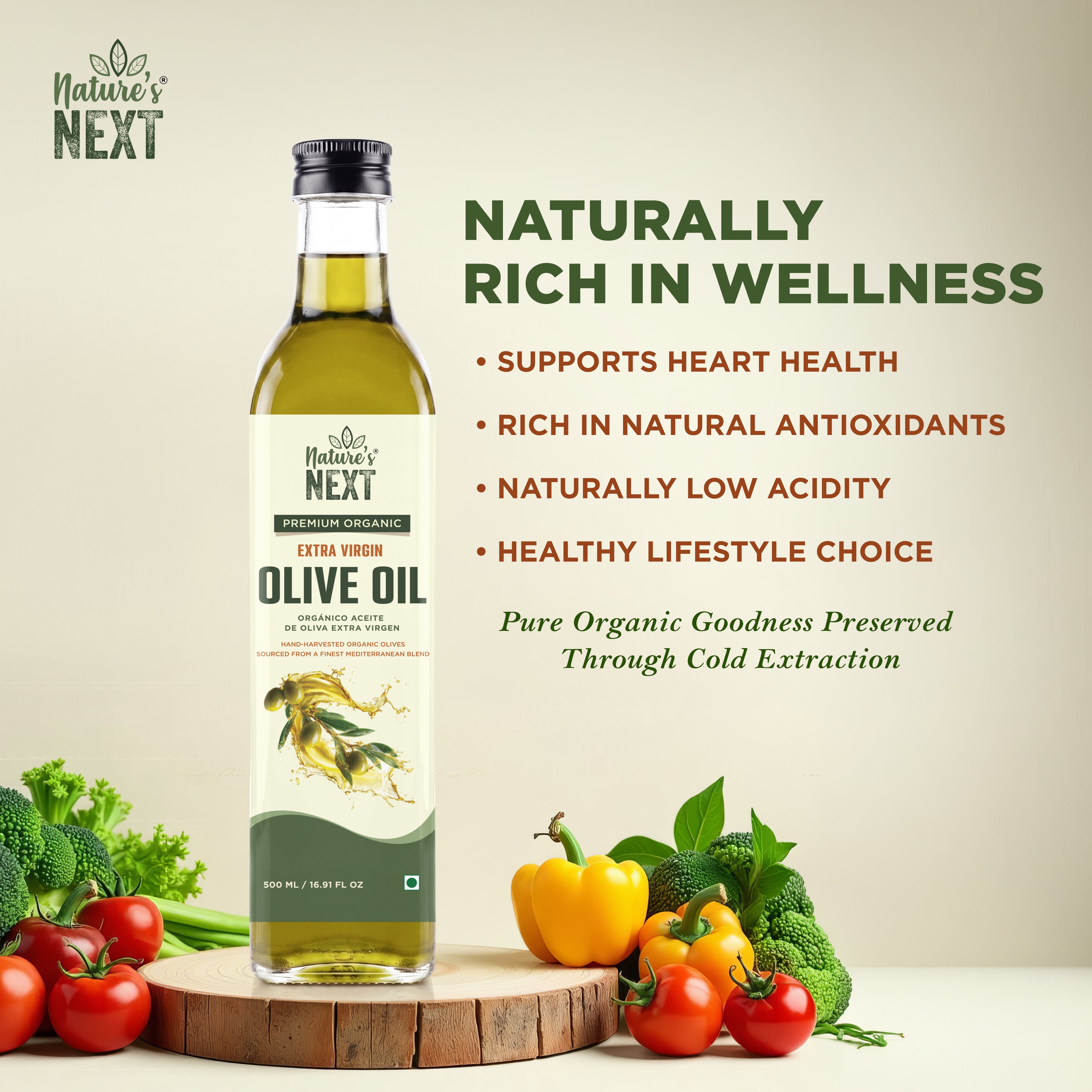 Nature’s Next Pure & Premium Cold Pressed Organic Extra Virgin Olive Oil- Glass Bottle 500ml