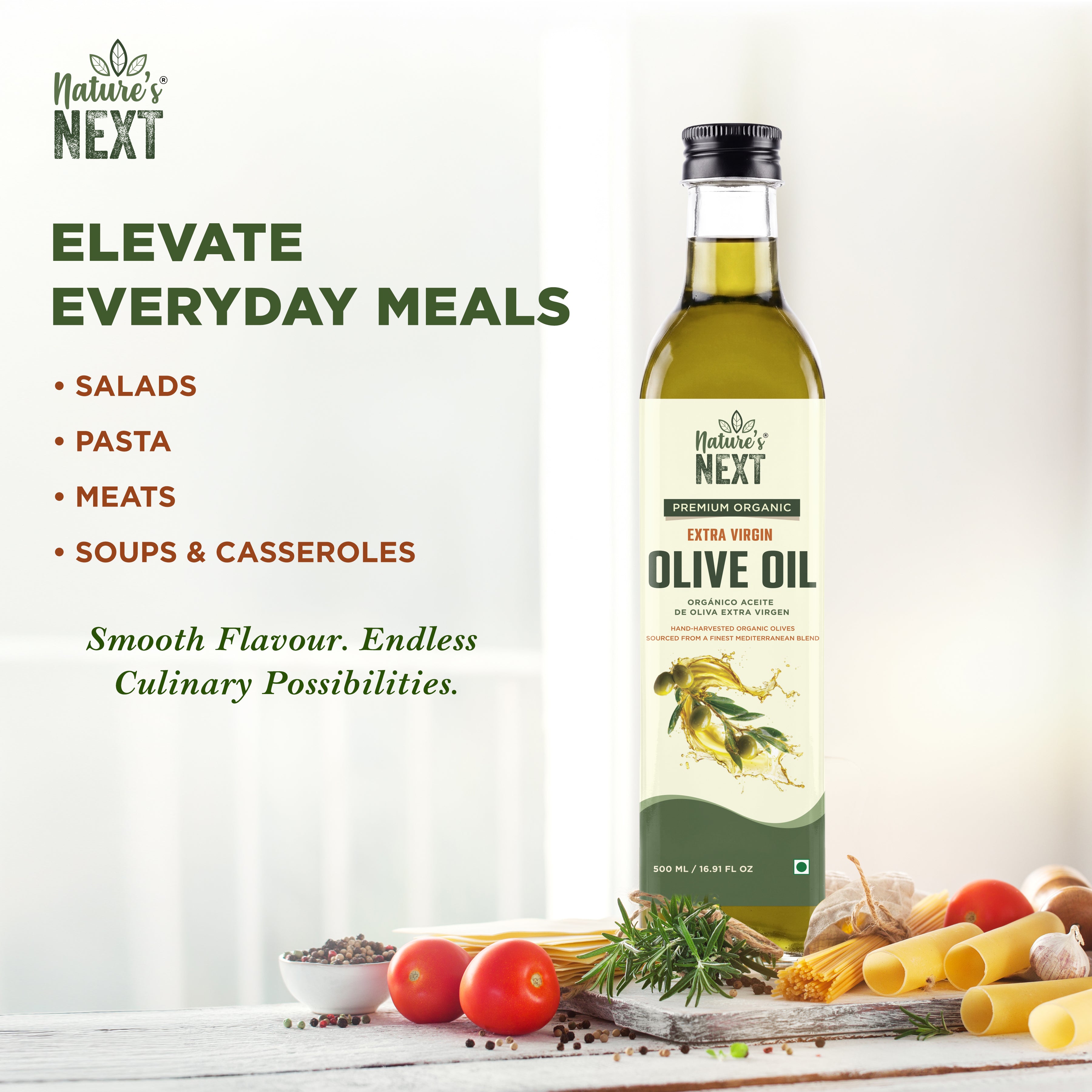 Nature’s Next Pure & Premium Cold Pressed Organic Extra Virgin Olive Oil- Glass Bottle 500ml