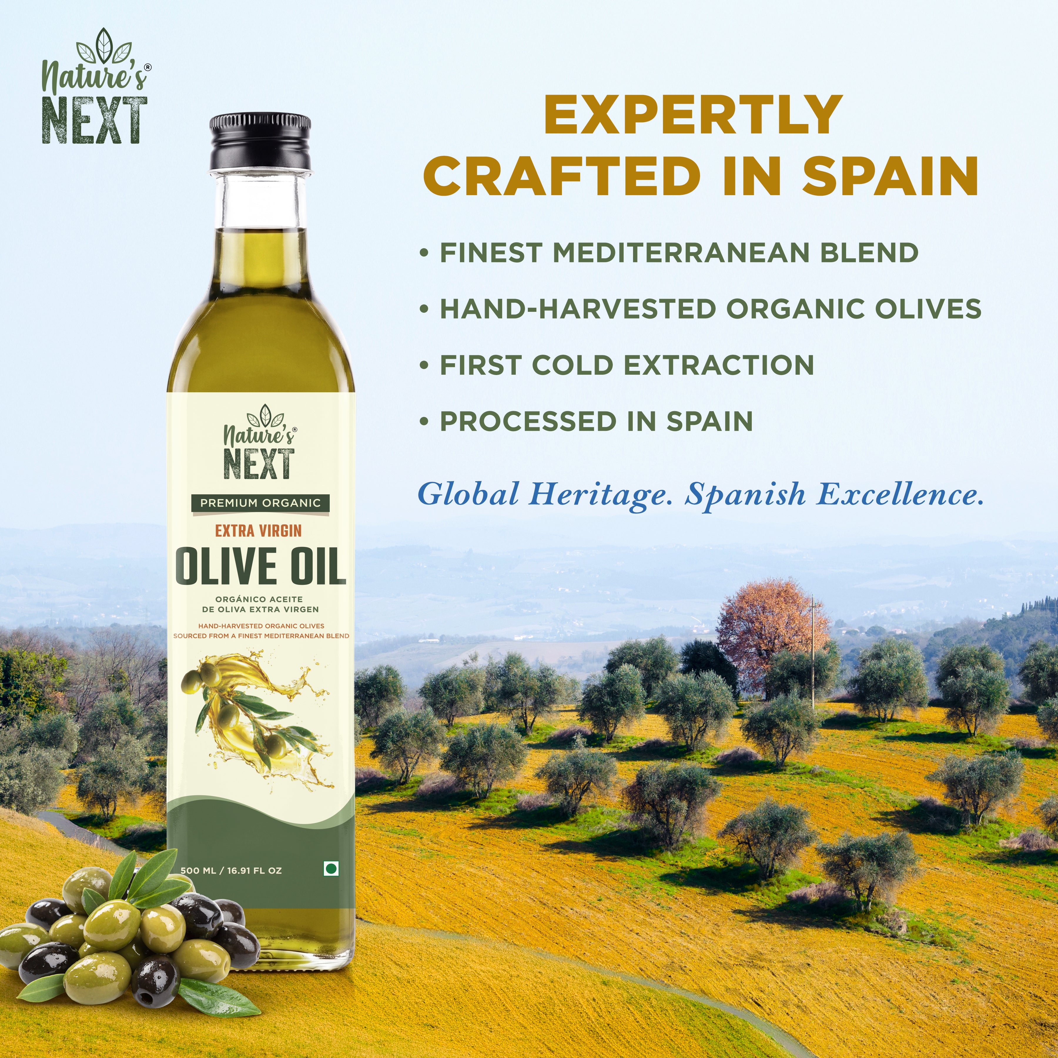 Nature’s Next Pure & Premium Cold Pressed Organic Extra Virgin Olive Oil- Glass Bottle 500ml