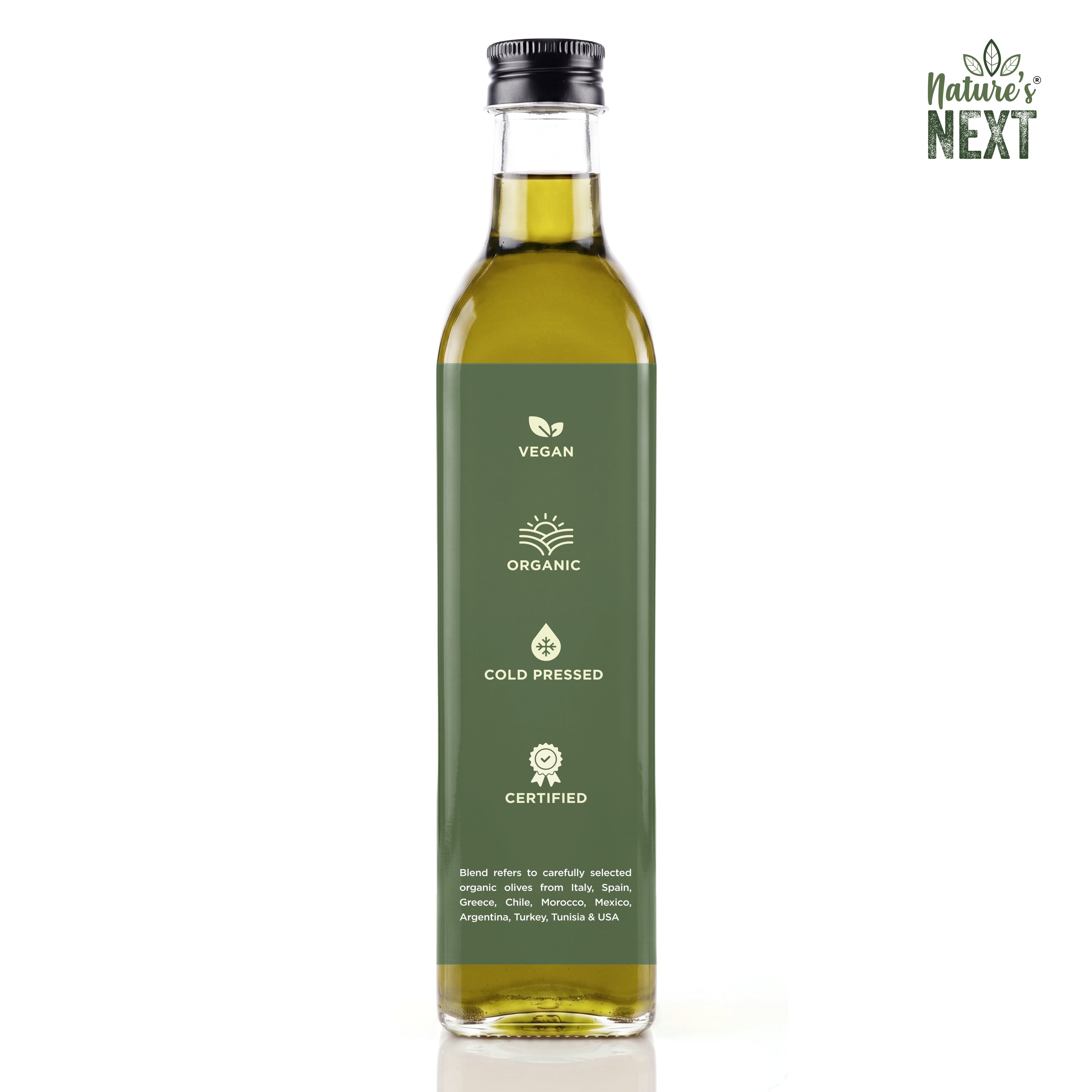 Nature’s Next Pure & Premium Cold Pressed Organic Extra Virgin Olive Oil- Glass Bottle 500ml