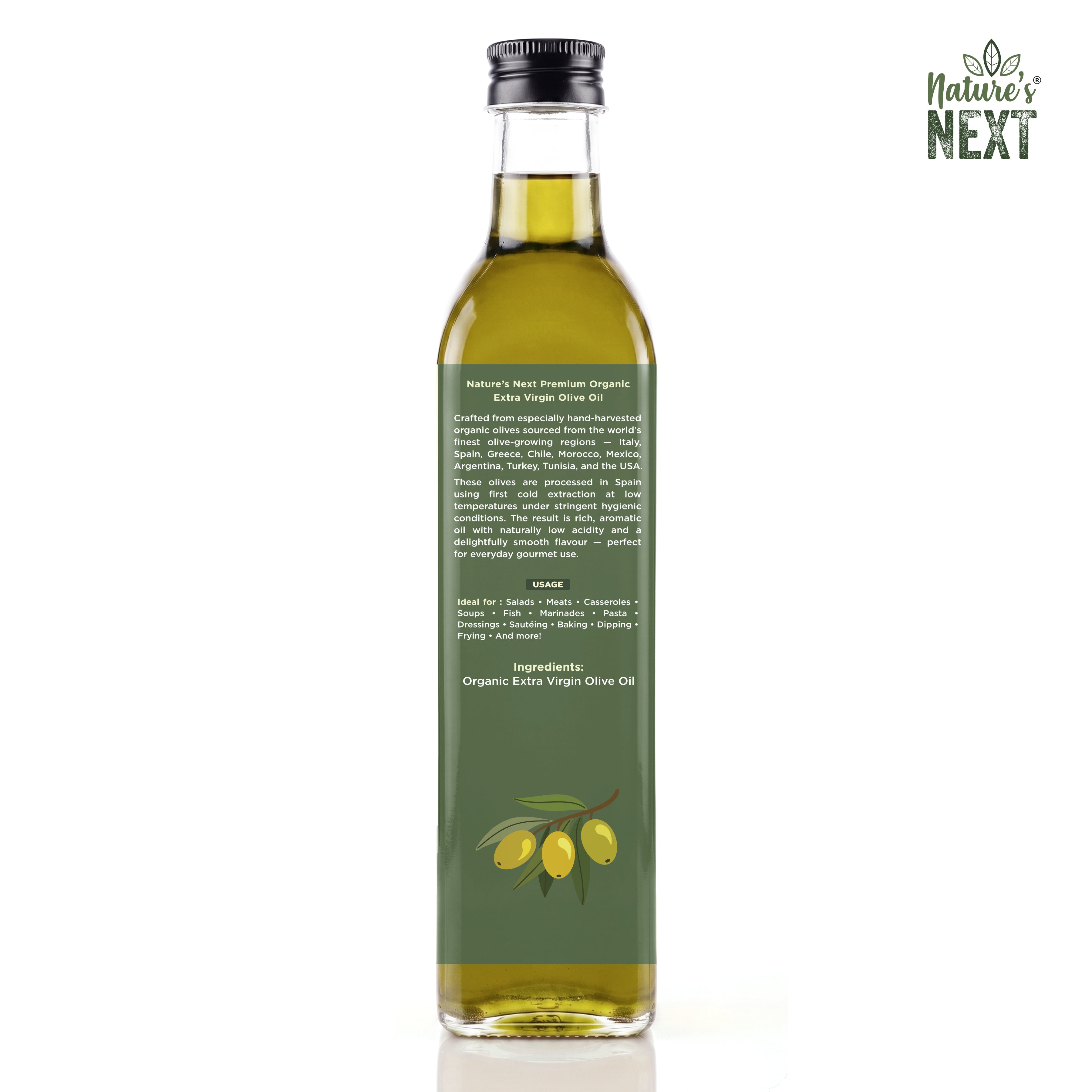 Nature’s Next Pure & Premium Cold Pressed Organic Extra Virgin Olive Oil- Glass Bottle 500ml