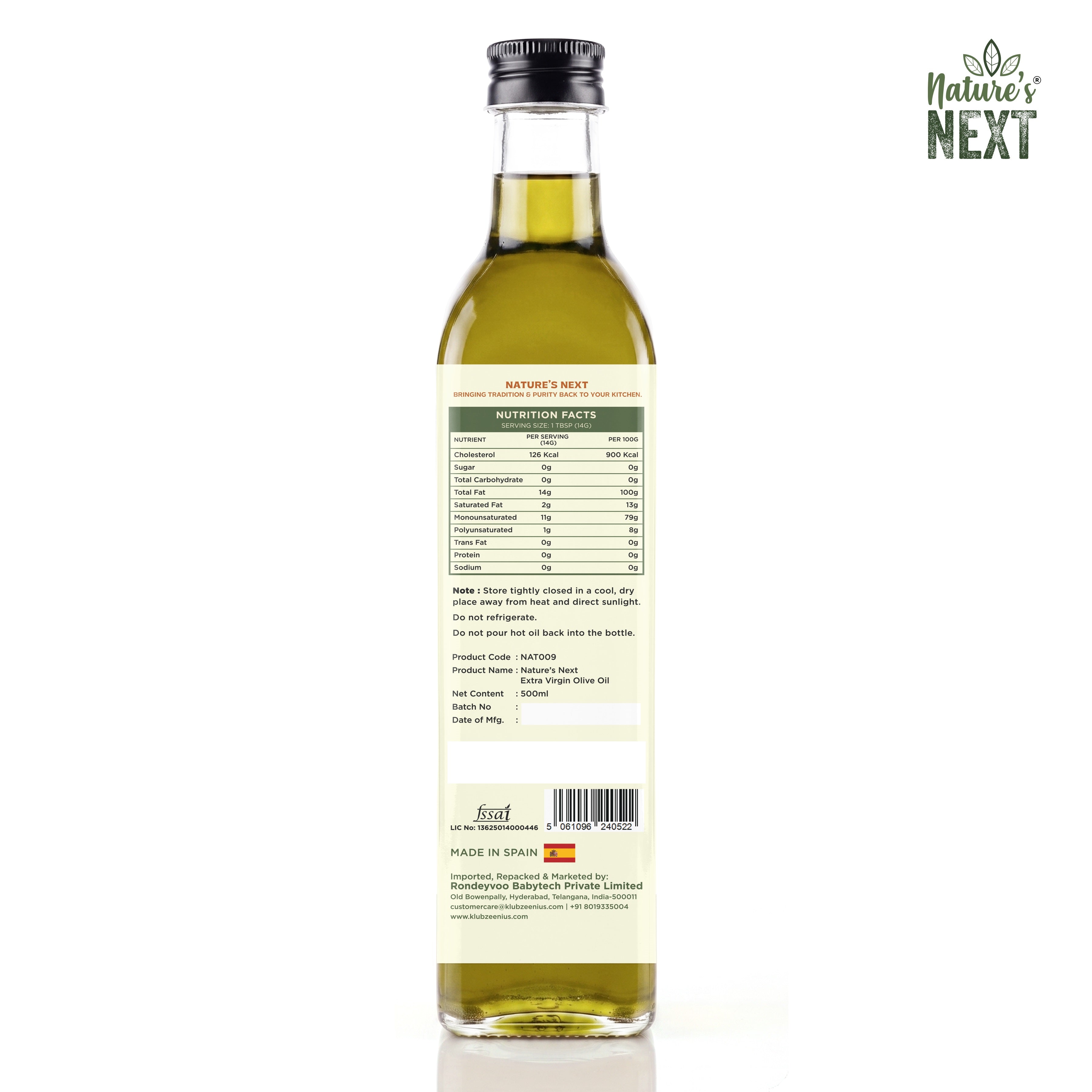 Nature’s Next Pure & Premium Cold Pressed Organic Extra Virgin Olive Oil- Glass Bottle 500ml