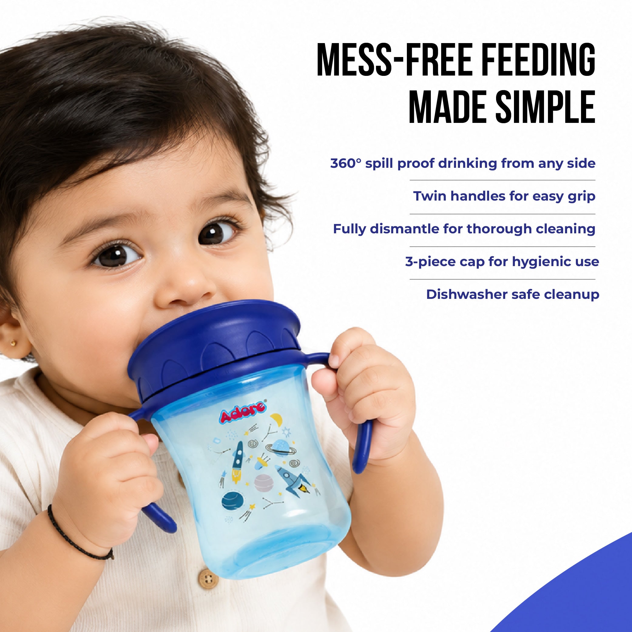 Adore Magic 360 Degree Spill Proof Sipper Cup with Handle 240 ml- Blue