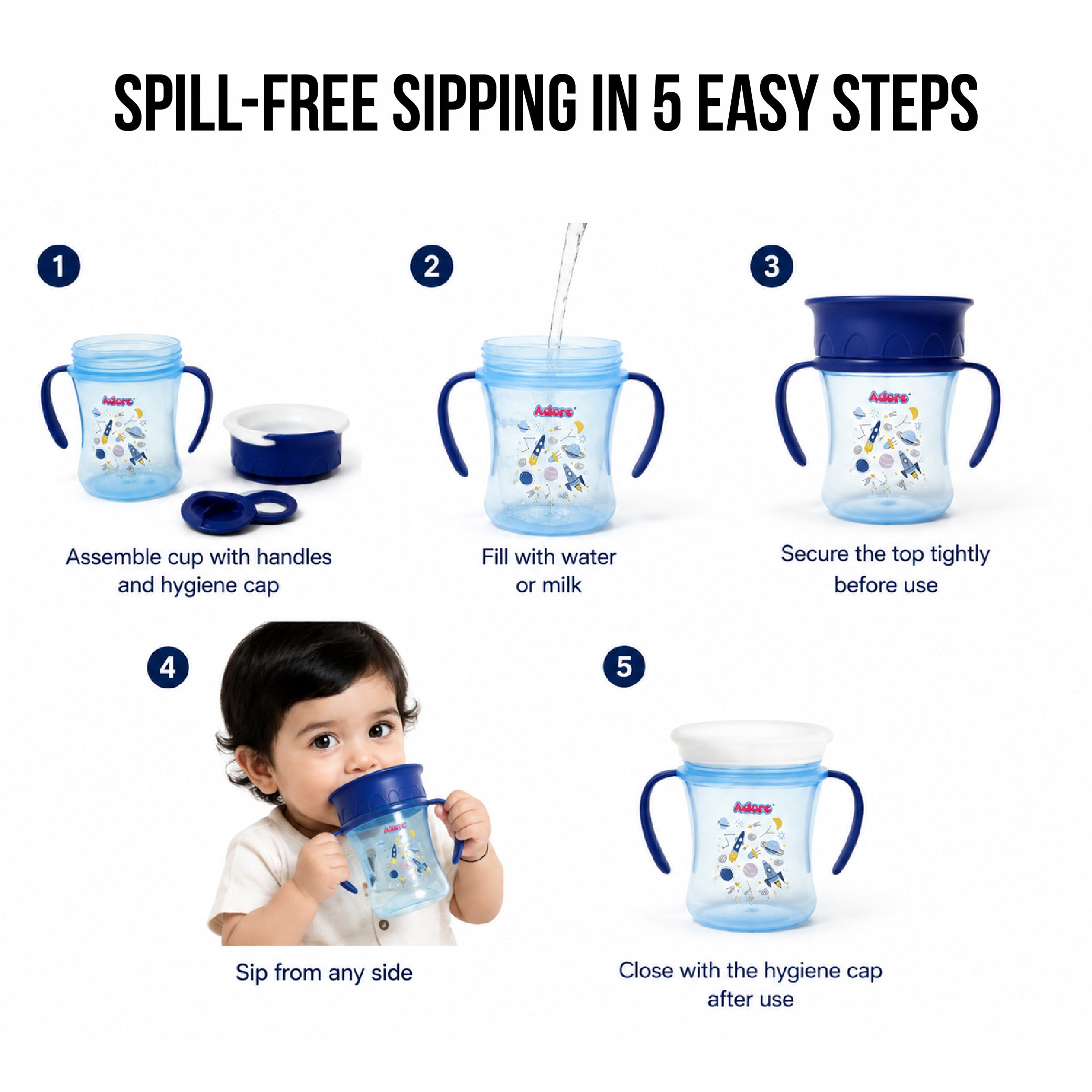 Adore Magic 360 Degree Spill Proof Sipper Cup with Handle 240 ml- Blue