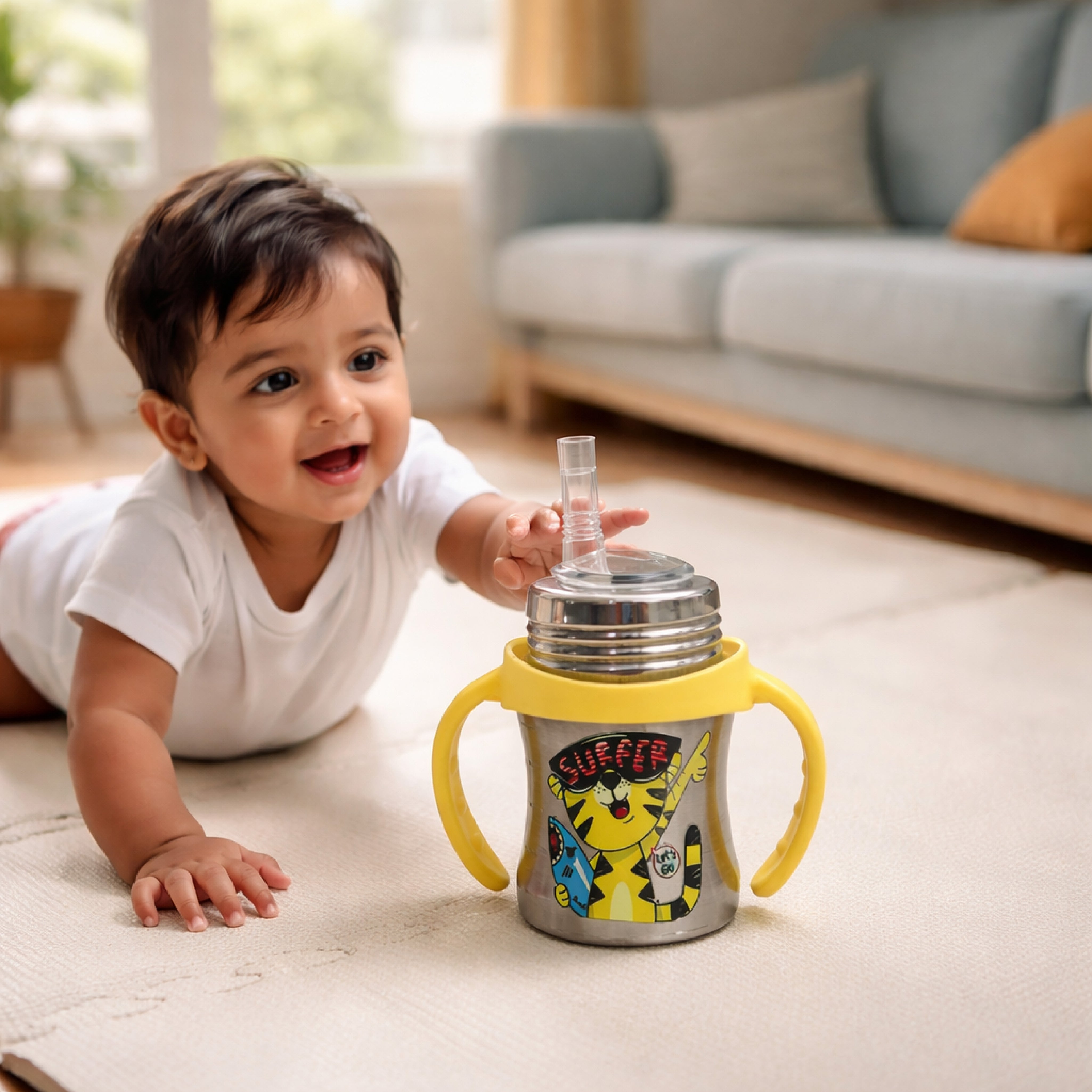 Adore Twilight Jr. 2 Stage Stainless Steel Straw Sipper with Twin Handle 150ml- Yellow