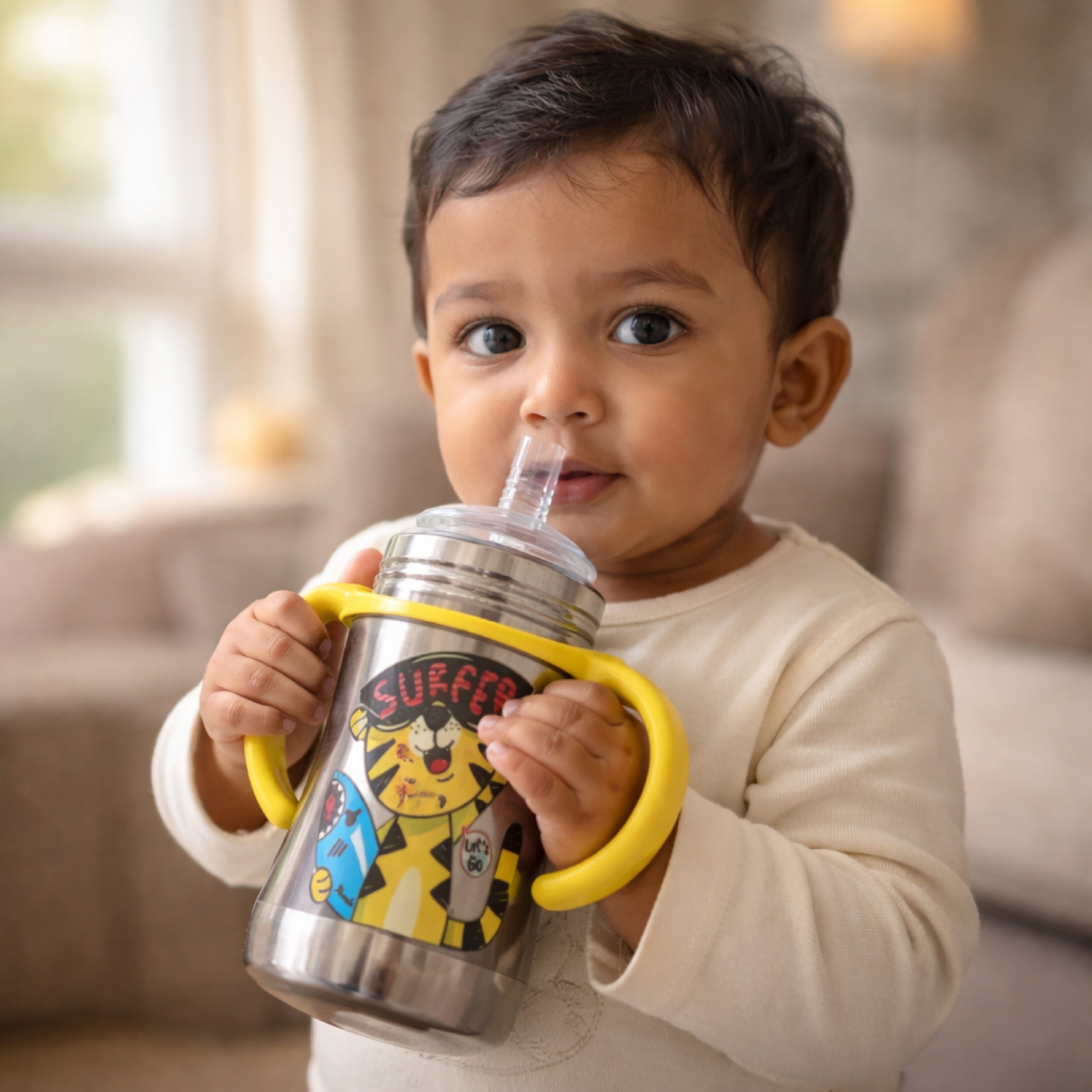 Adore Twilight Jr. 2 Stage Stainless Steel Straw Sipper with Twin Handle 150ml- Yellow