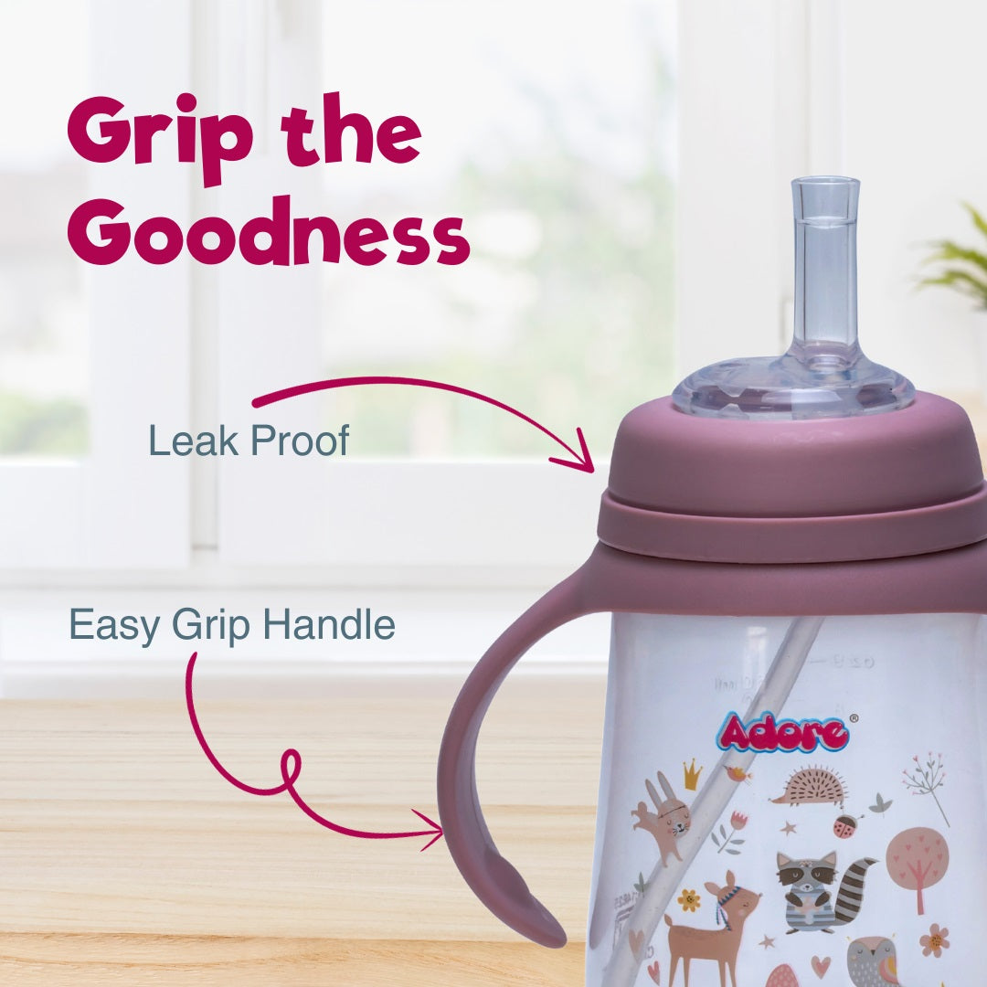 Adore Great Britain Wide Neck Straw Sipper with Gravity Ball and Twin Handle- 250ml Pink