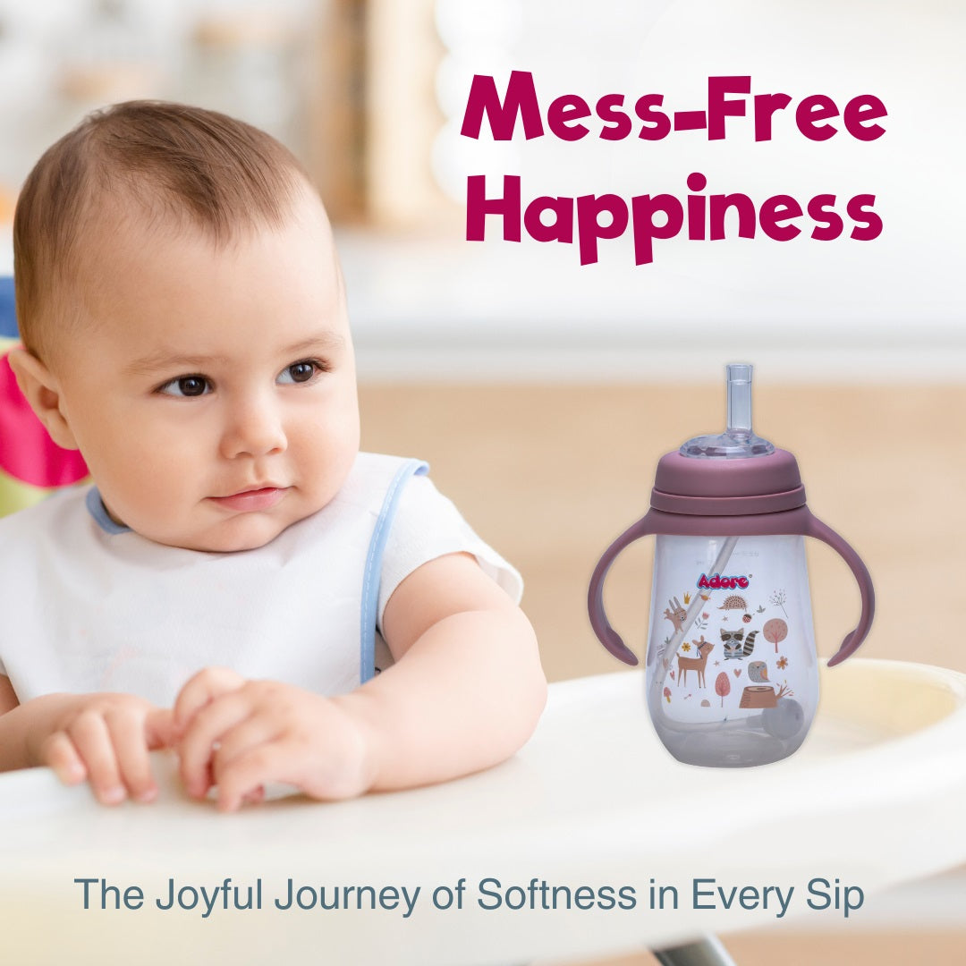 Adore Great Britain Wide Neck Straw Sipper with Gravity Ball and Twin Handle- 250ml Pink