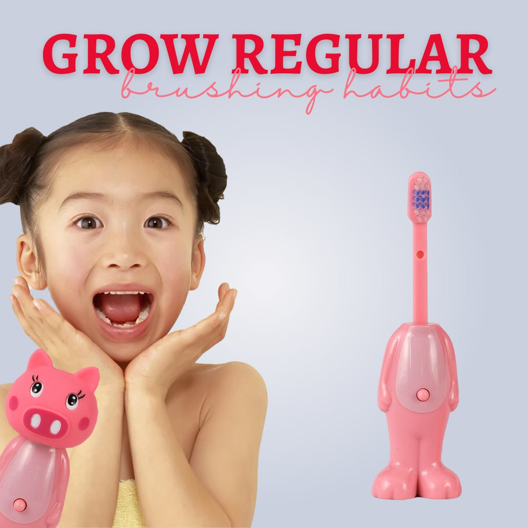 Adore Kids Pop Up Toothbrush with Safety Head Attractive Character - Pink Piggy