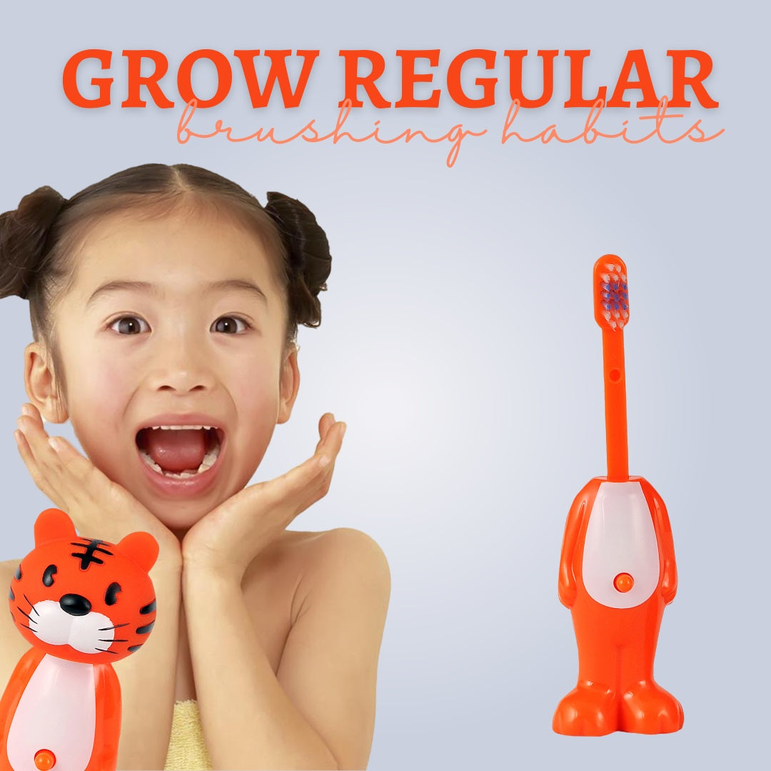Adore Kids Pop Up Toothbrush with Safety Head Attractive Character - Orange Tiger