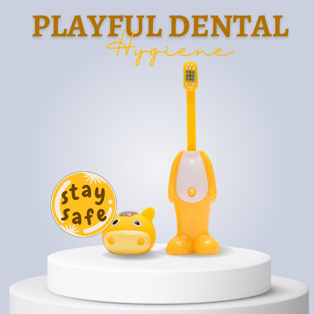 Adore Kids Pop Up Toothbrush with Safety Head Attractive Character - Yellow Cow