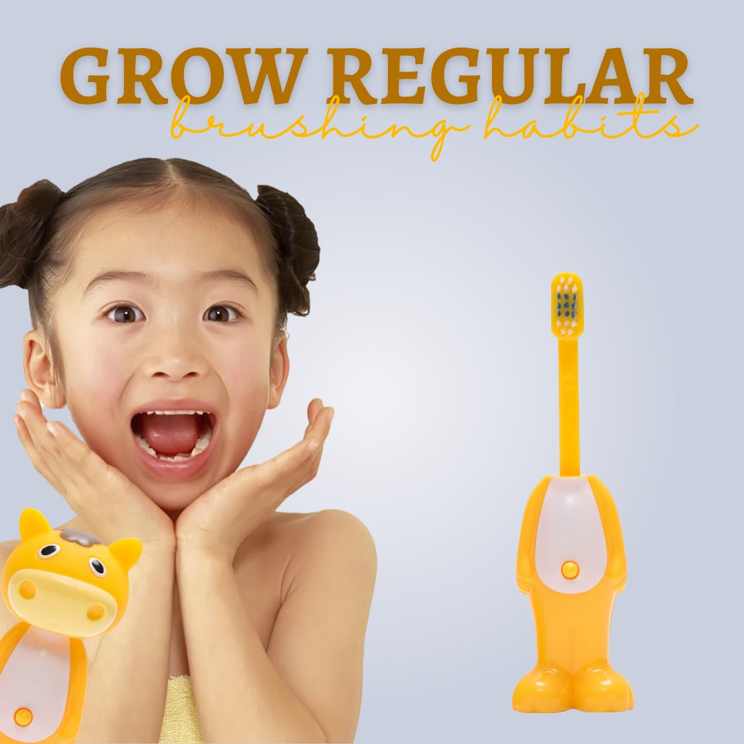 Adore Kids Pop Up Toothbrush with Safety Head Attractive Character - Yellow Cow