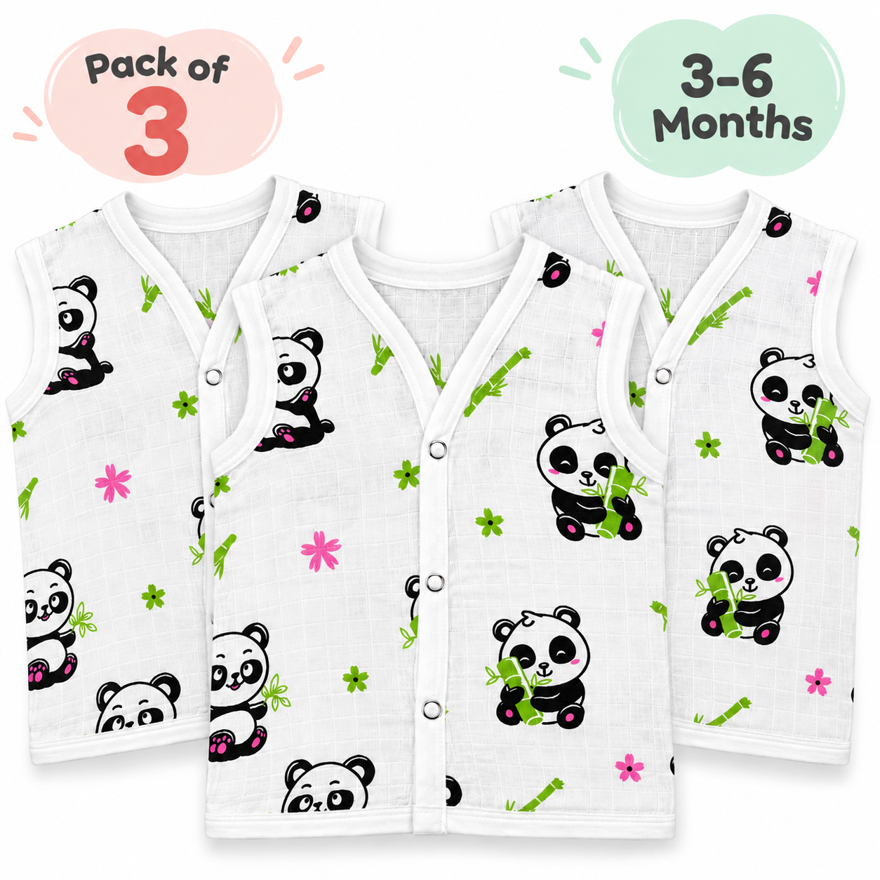 Adore Tiny Comfort 100% Pure Muslin Cotton Baby Jabla with Snap Buttons, Pack of 3, 3–6 Months-Panda