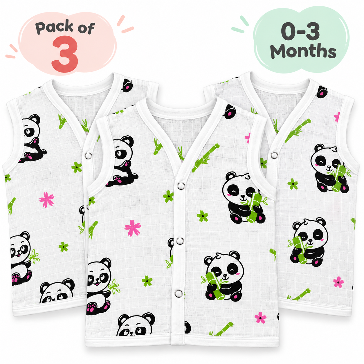 Adore Tiny Comfort 100% Pure Muslin Cotton Baby Jabla with Snap Buttons, Pack of 3, 0–3 Months-Panda