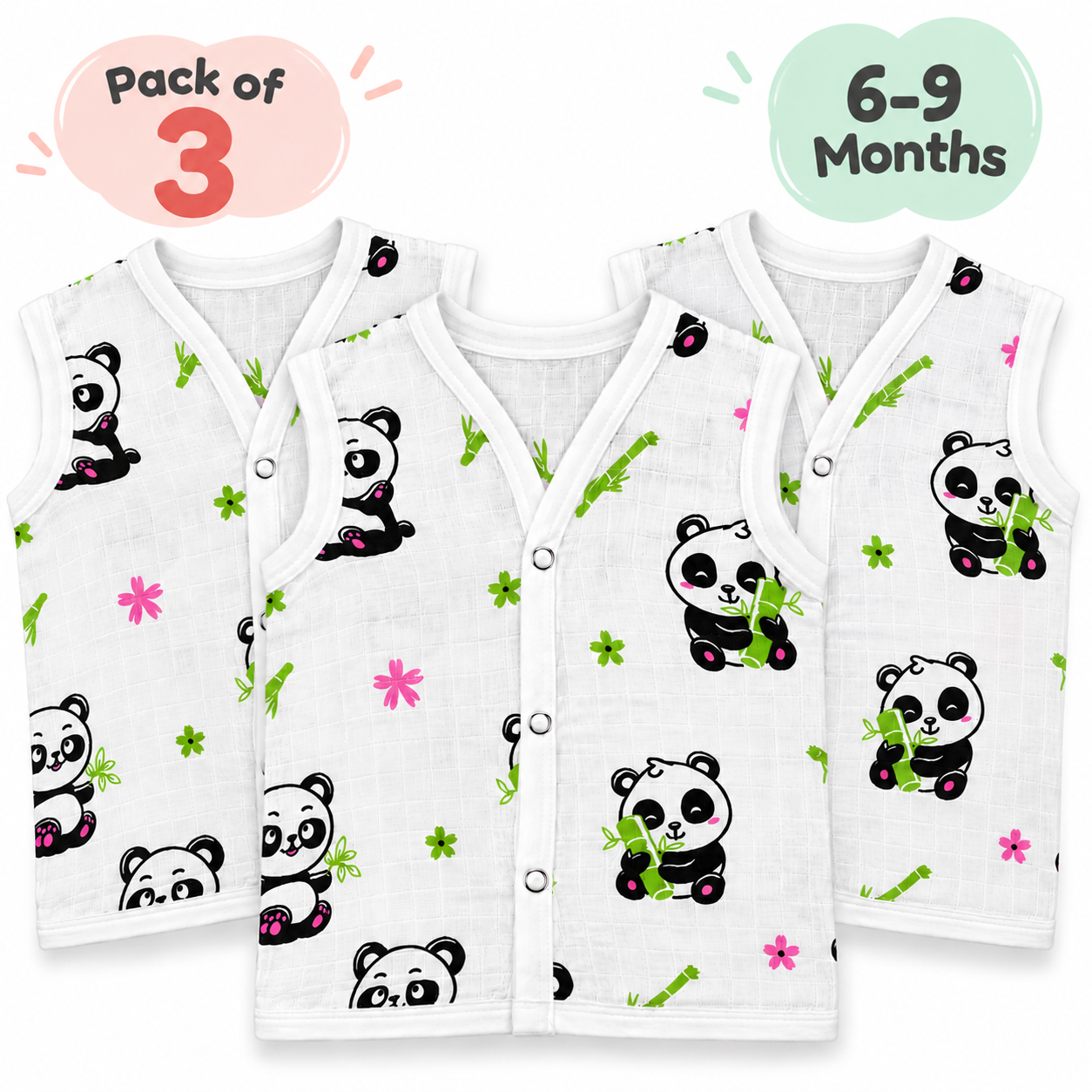 Adore Tiny Comfort 100% Pure Muslin Cotton Baby Jabla with Snap Buttons, Pack of 3, 6–9 Months-Panda