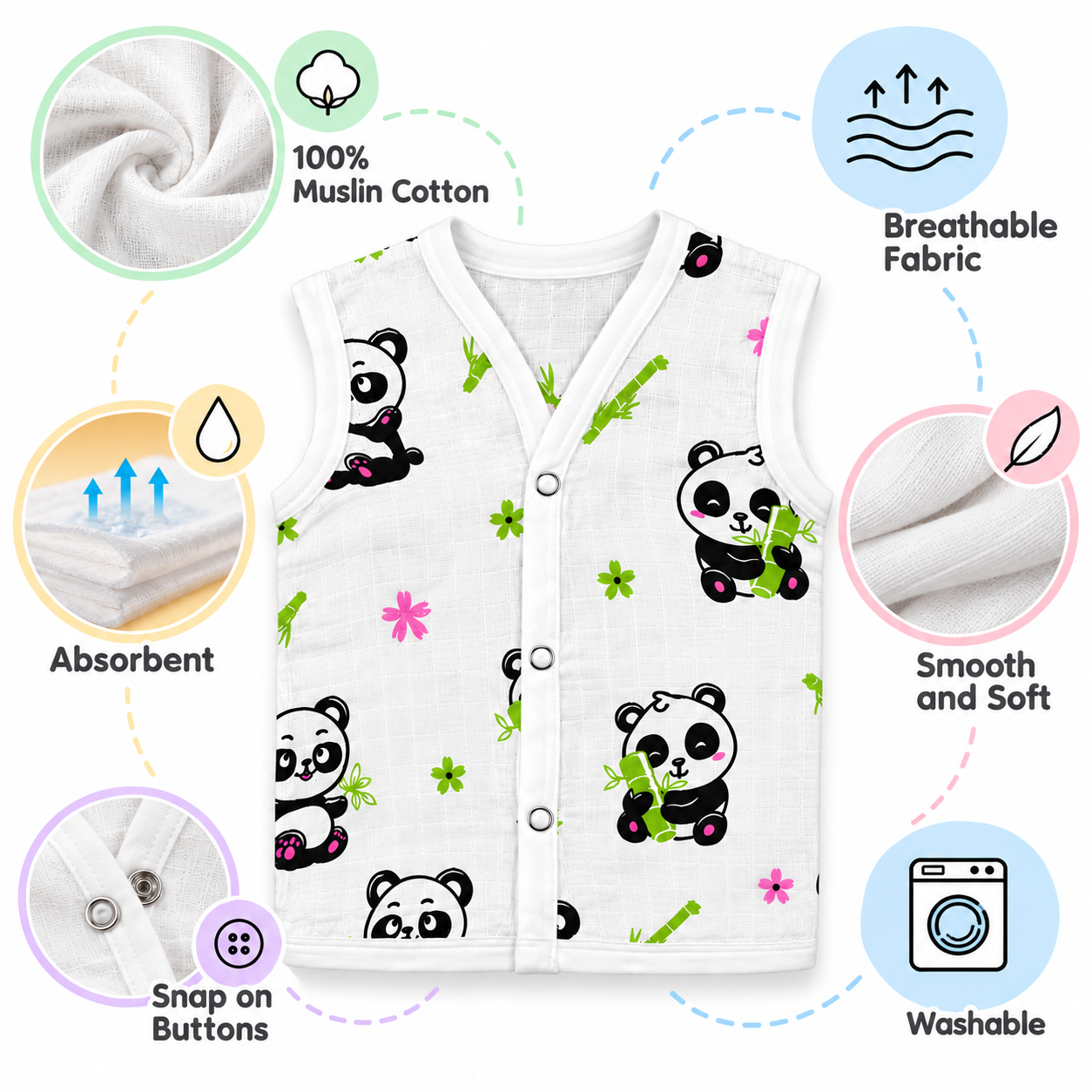 Adore Tiny Comfort 100% Pure Muslin Cotton Baby Jabla with Snap Buttons, Pack of 3, 6–9 Months-Panda