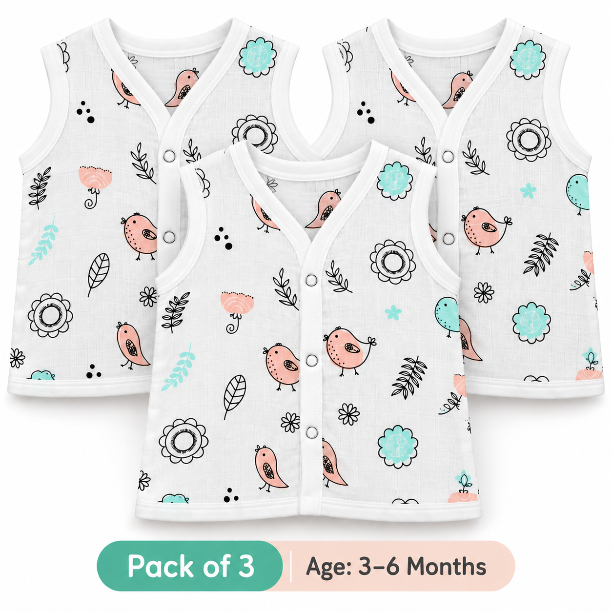Adore Tiny Comfort 100% Pure Muslin Cotton Baby Jabla with Snap Buttons, Pack of 3, 3–6 Months-Bird