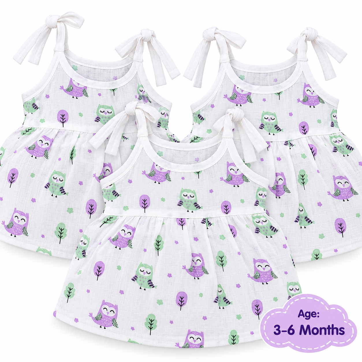 Adore Little Blossom- Pure Muslin Cotton Baby Tie-Knot Frock- Pack of 3-Owl -3-6 Months