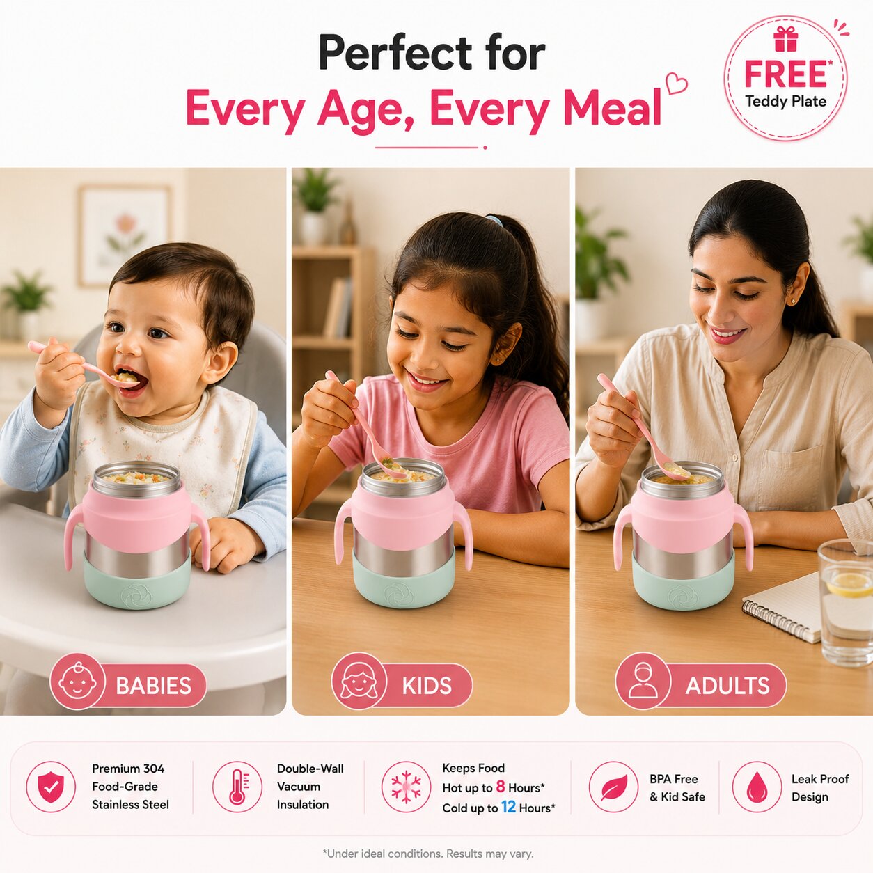 Adore Dr.Feed TinyTummy Insulated Hot & Cold Food Jar with Spork & Feeding Plate 335ml-Pink