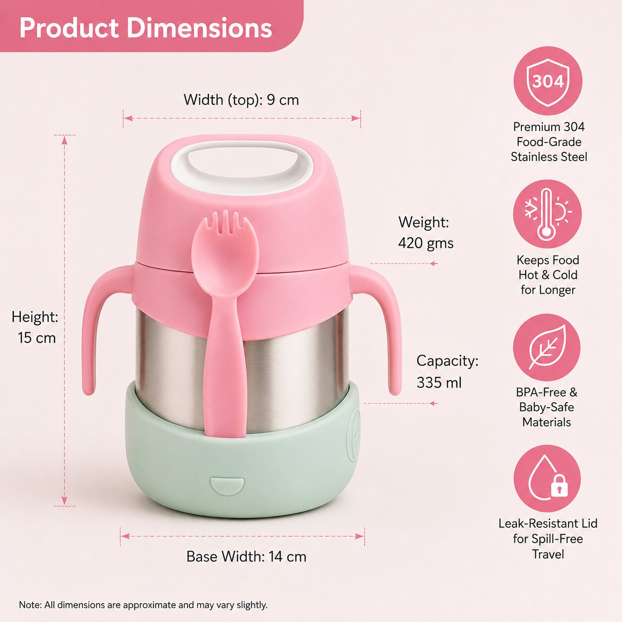 Adore Dr.Feed TinyTummy Insulated Hot & Cold Food Jar with Spork & Feeding Plate 335ml-Pink
