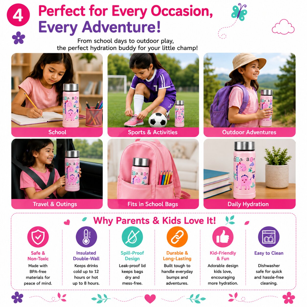 Adore Dr.Feed Little Champs Hot & Cold Insulated Steel Water Bottle 270ml-Pink