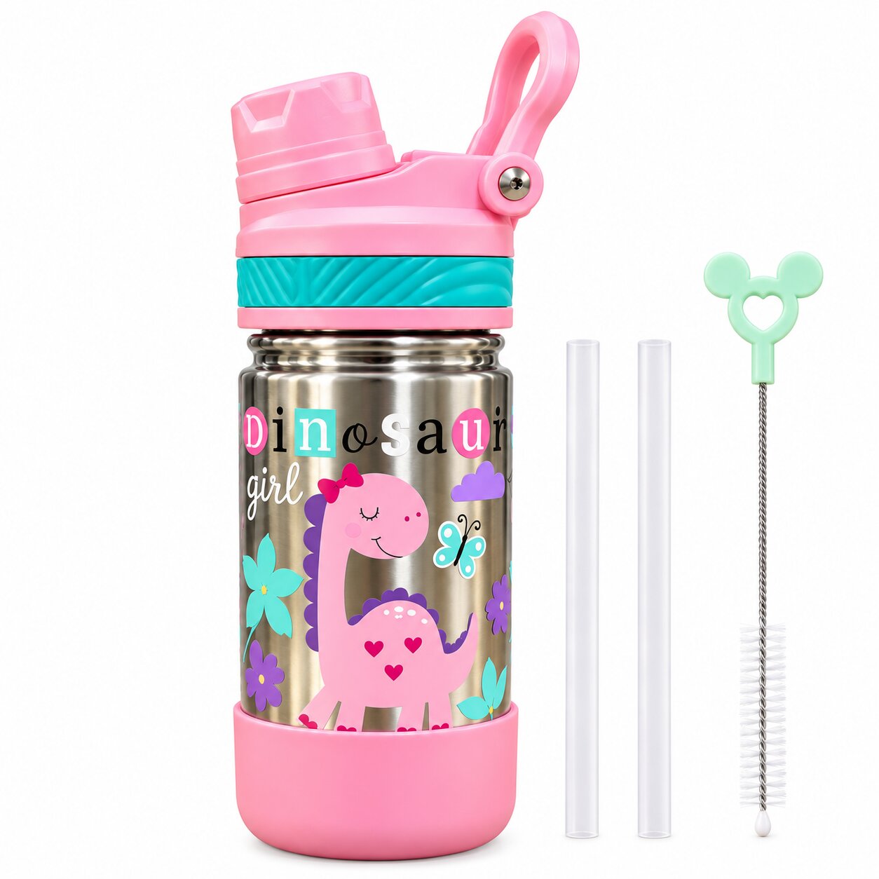 Adore HydroFlip 2-in-1 Insulated Printed Stainless Steel Kids Water Bottle with Silicone Base, 2 Spare Pipes & Straw Brush 450ml-Pink