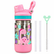 Adore HydroFlip 2-in-1 Insulated Printed Stainless Steel Kids Water Bottle with Silicone Base, 2 Spare Pipes & Straw Brush 450ml-Pink
