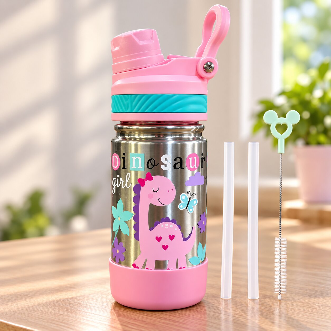 Adore HydroFlip 2-in-1 Insulated Printed Stainless Steel Kids Water Bottle with Silicone Base, 2 Spare Pipes & Straw Brush 450ml-Pink