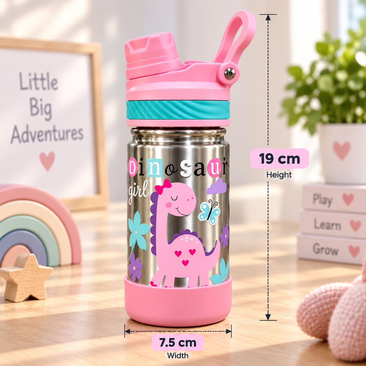 Adore HydroFlip 2-in-1 Insulated Printed Stainless Steel Kids Water Bottle with Silicone Base, 2 Spare Pipes & Straw Brush 450ml-Pink