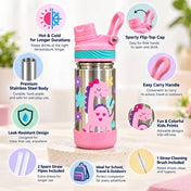 Adore HydroFlip 2-in-1 Insulated Printed Stainless Steel Kids Water Bottle with Silicone Base, 2 Spare Pipes & Straw Brush 450ml-Pink