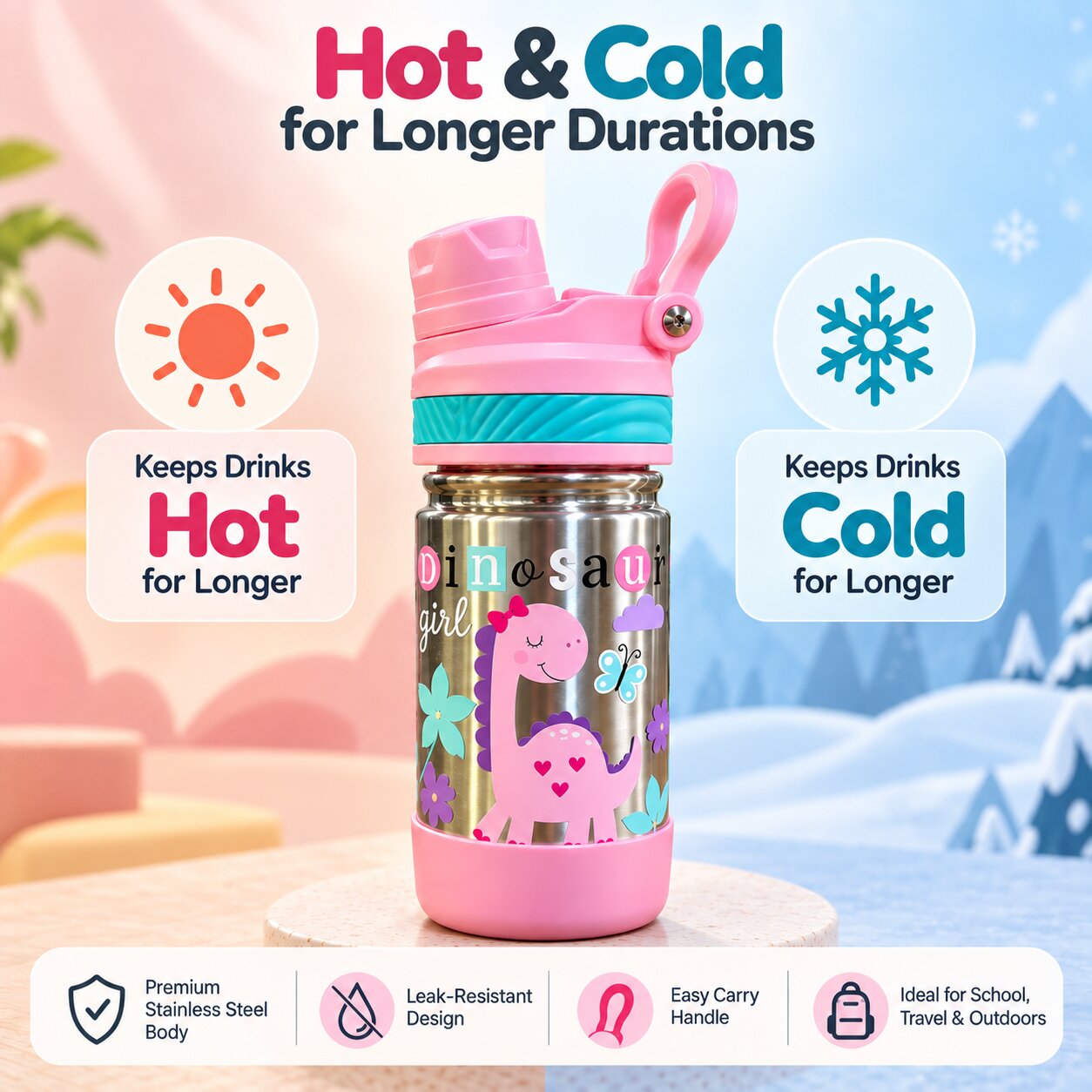 Adore HydroFlip 2-in-1 Insulated Printed Stainless Steel Kids Water Bottle with Silicone Base, 2 Spare Pipes & Straw Brush 450ml-Pink