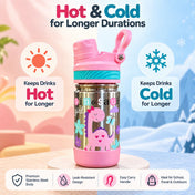Adore HydroFlip 2-in-1 Insulated Printed Stainless Steel Kids Water Bottle with Silicone Base, 2 Spare Pipes & Straw Brush 450ml-Pink