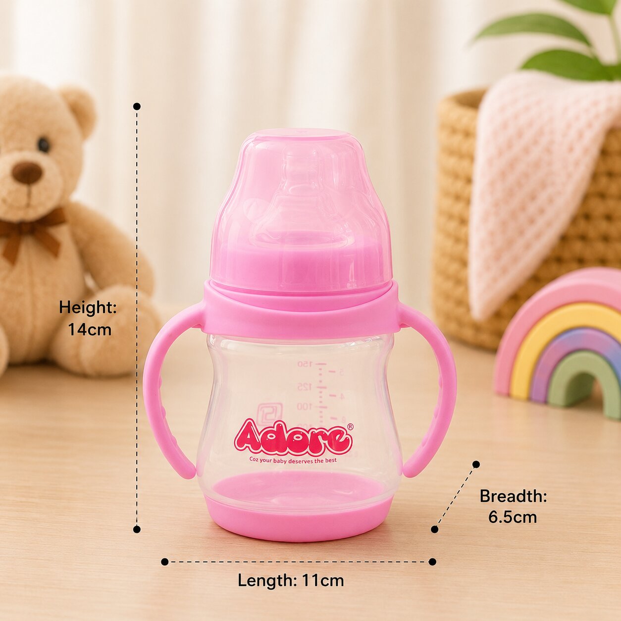 Adore 5 Stage Wide Neck Feeding Bottle with Easy Grippy Handle -150ml Pink