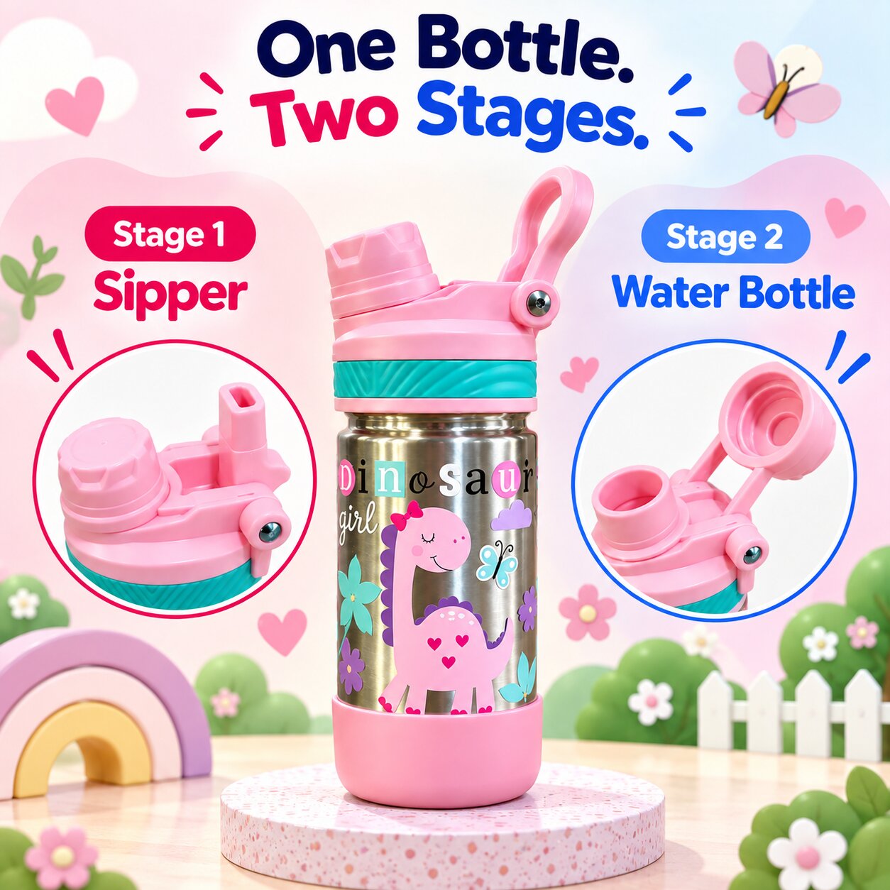 Adore HydroFlip 2-in-1 Insulated Printed Stainless Steel Kids Water Bottle with Silicone Base, 2 Spare Pipes & Straw Brush 450ml-Pink