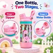 Adore HydroFlip 2-in-1 Insulated Printed Stainless Steel Kids Water Bottle with Silicone Base, 2 Spare Pipes & Straw Brush 450ml-Pink