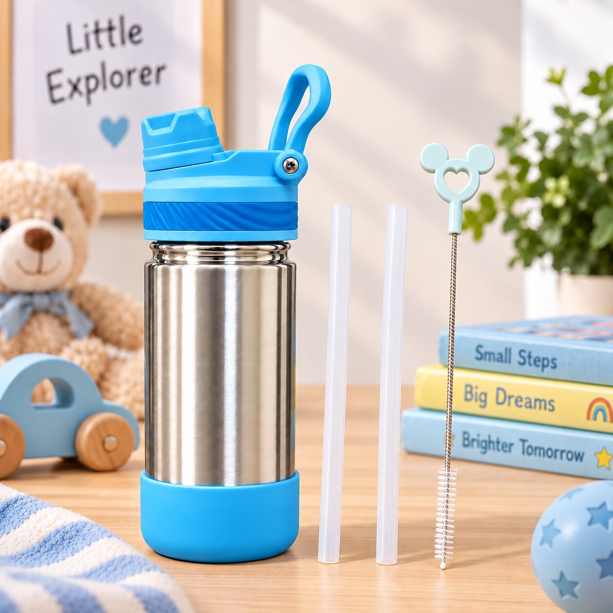 Adore HydroFlip 2-in-1 Insulated Stainless Steel Kids Water Bottle with Silicone Base, 2 Spare Pipes & Straw Brush 450ml-Blue