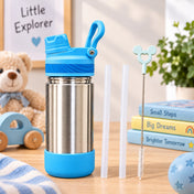 Adore HydroFlip 2-in-1 Insulated Stainless Steel Kids Water Bottle with Silicone Base, 2 Spare Pipes & Straw Brush 450ml-Blue